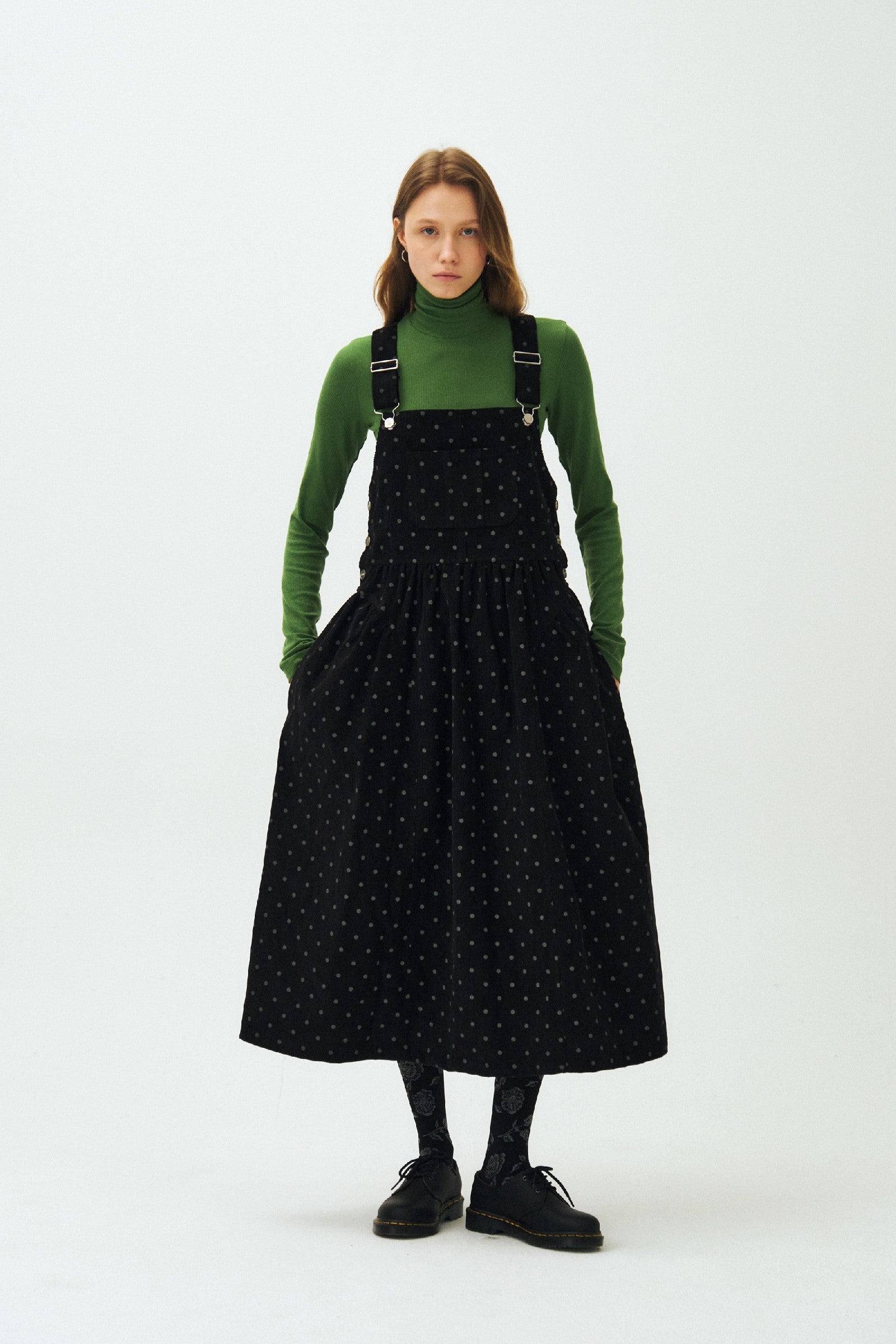 DOT PUFF CORDUROY OVERALL DRESS_BLACK