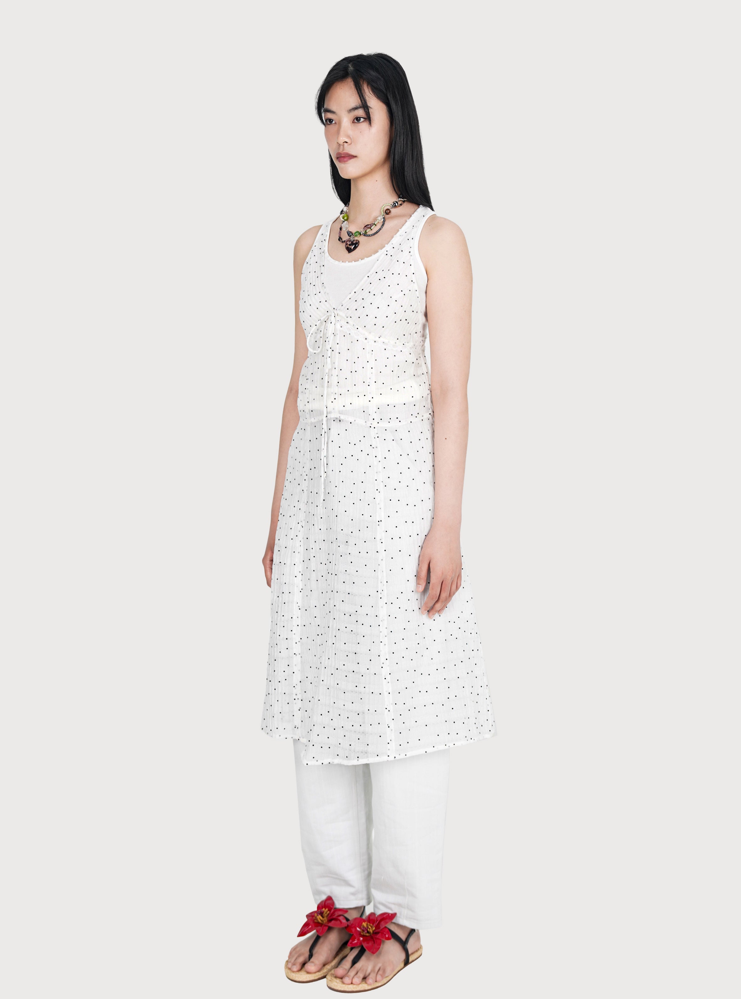 SHEER GRID DOTTED MIDI SLIP DRESS_WHITE