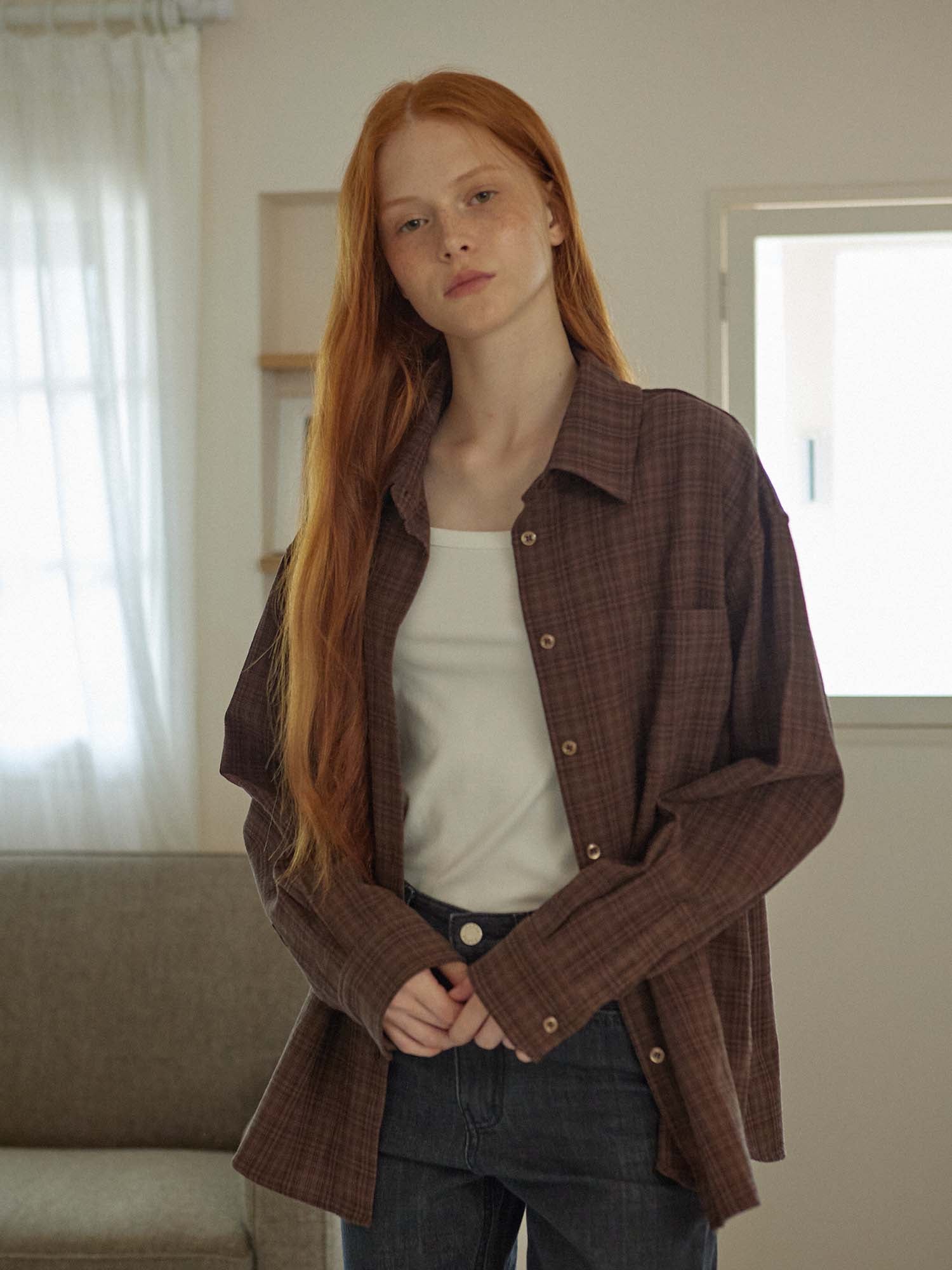 CHEMISE À CARREAUX EN COTON _MARRON