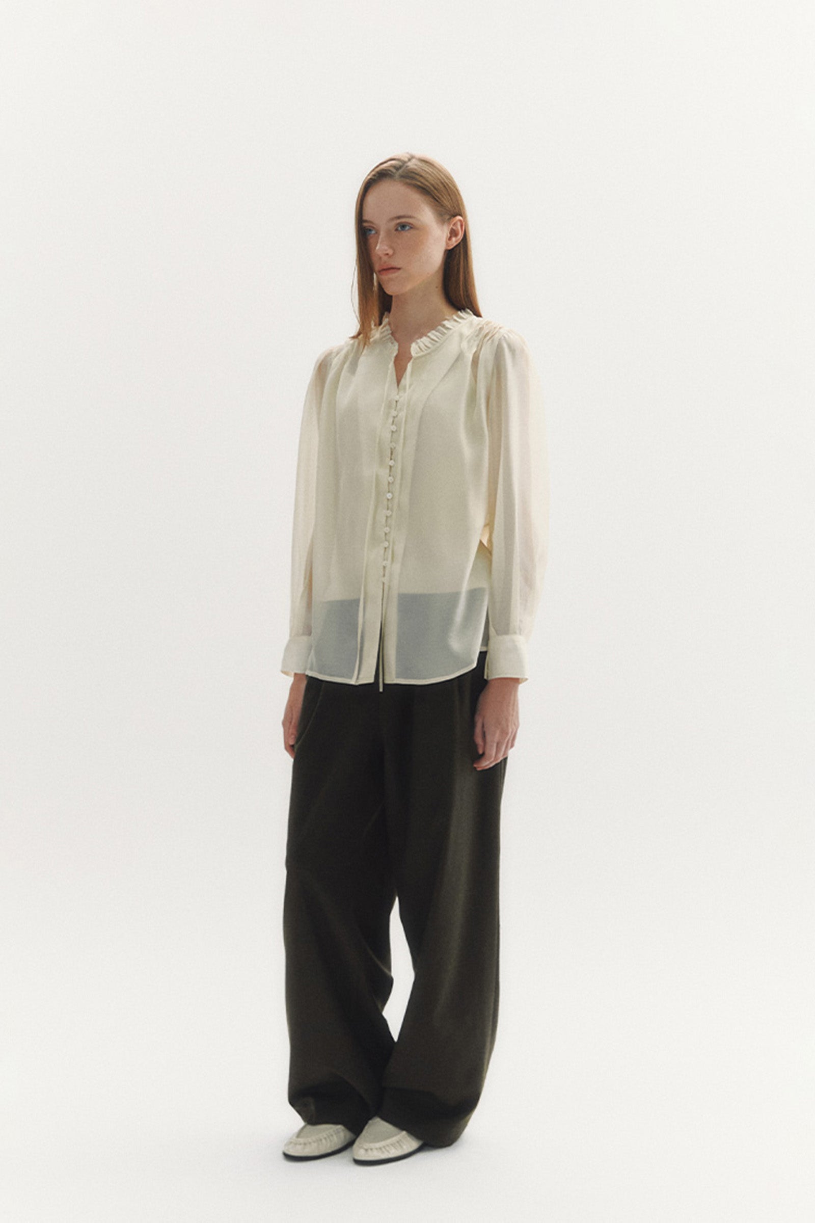 SILKY FRILL BLOUSE_BEIGE
