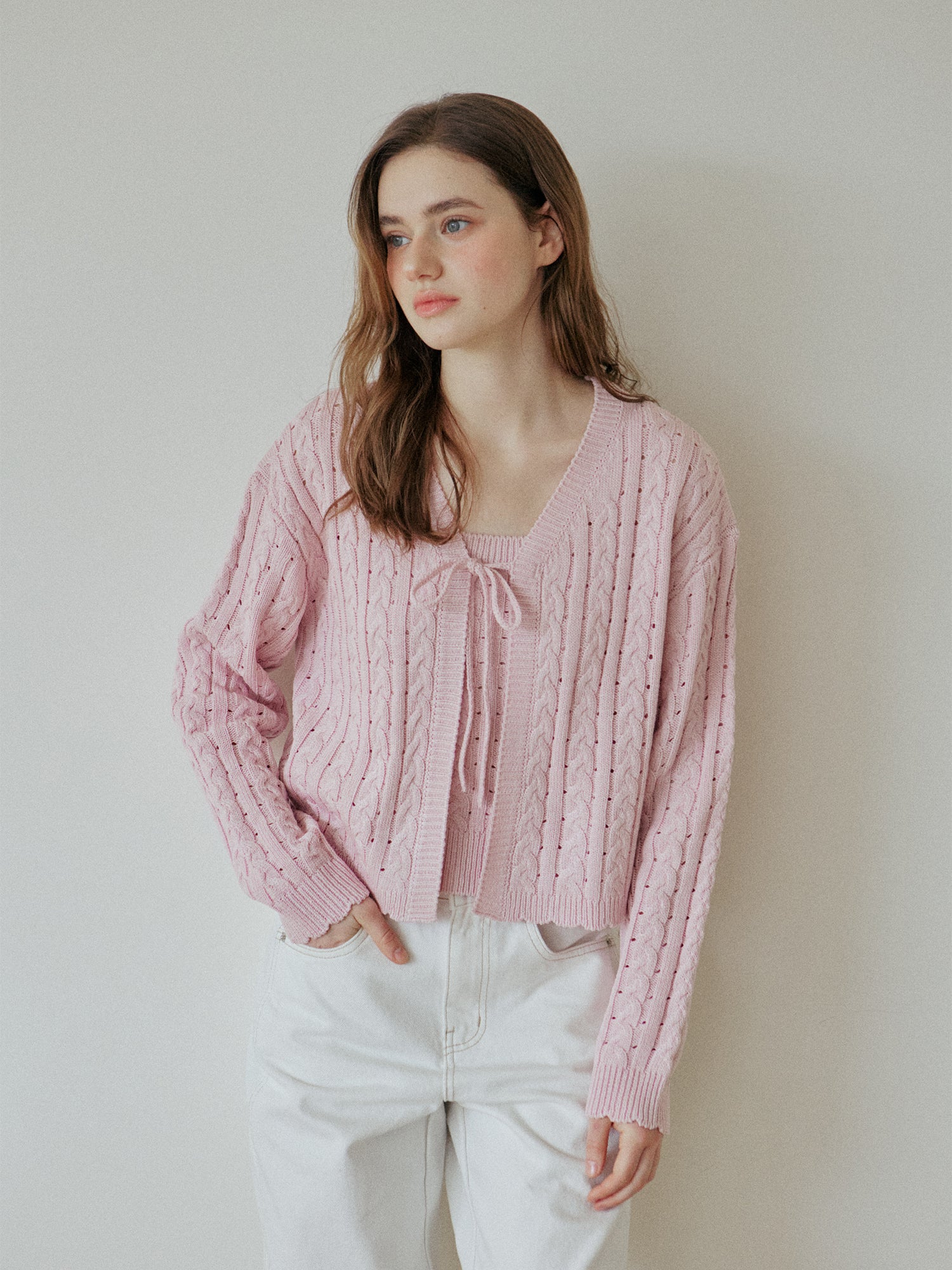 25SS LACE RIBBON CABLE-KNIT CARDIGAN SET_PINK