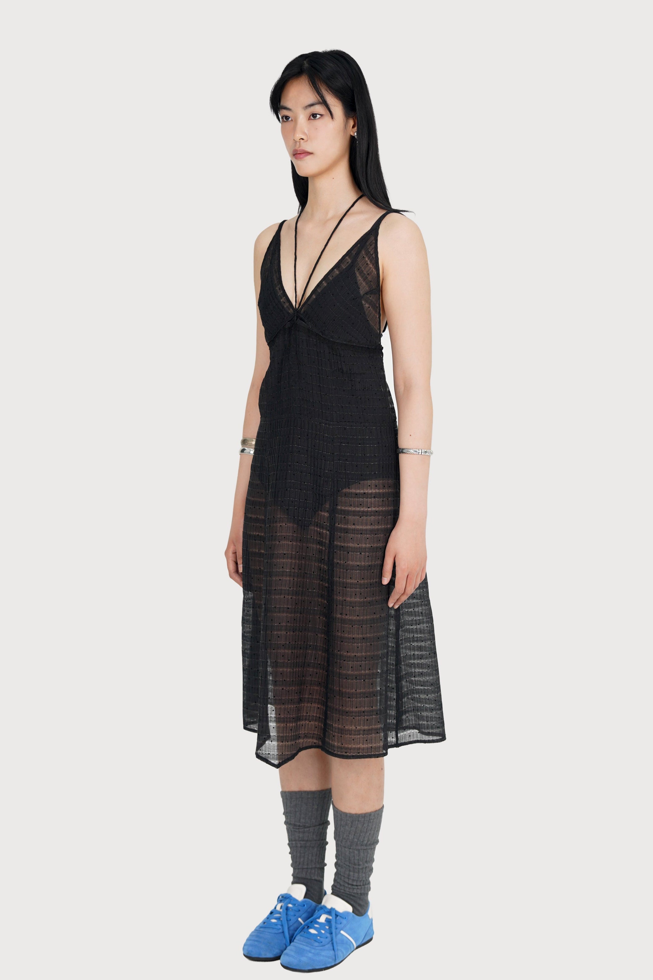 SHEER GRID DOTTED MIDI SLIP DRESS_BLACK