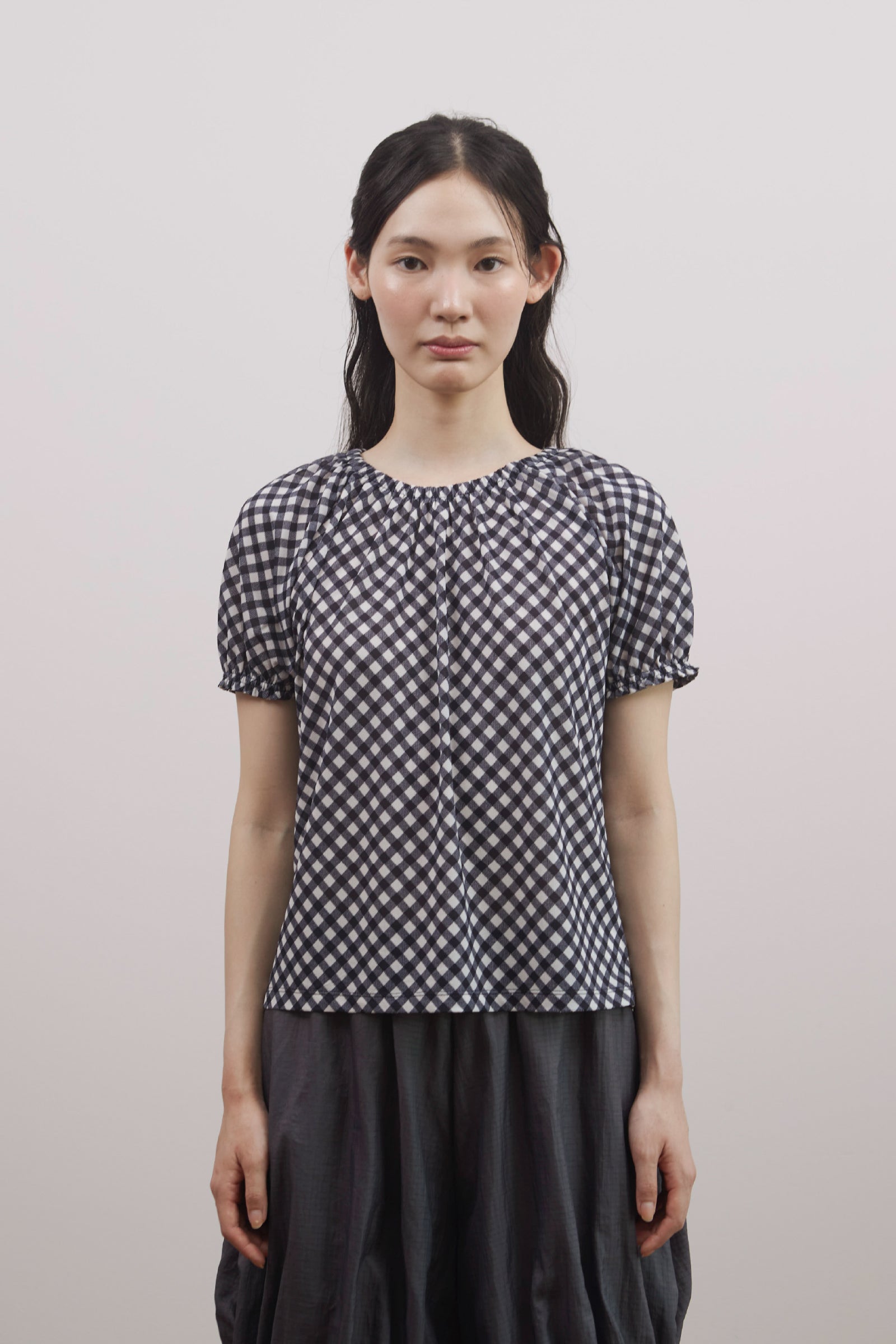 SHIRRED CHECK TOP_NAVY