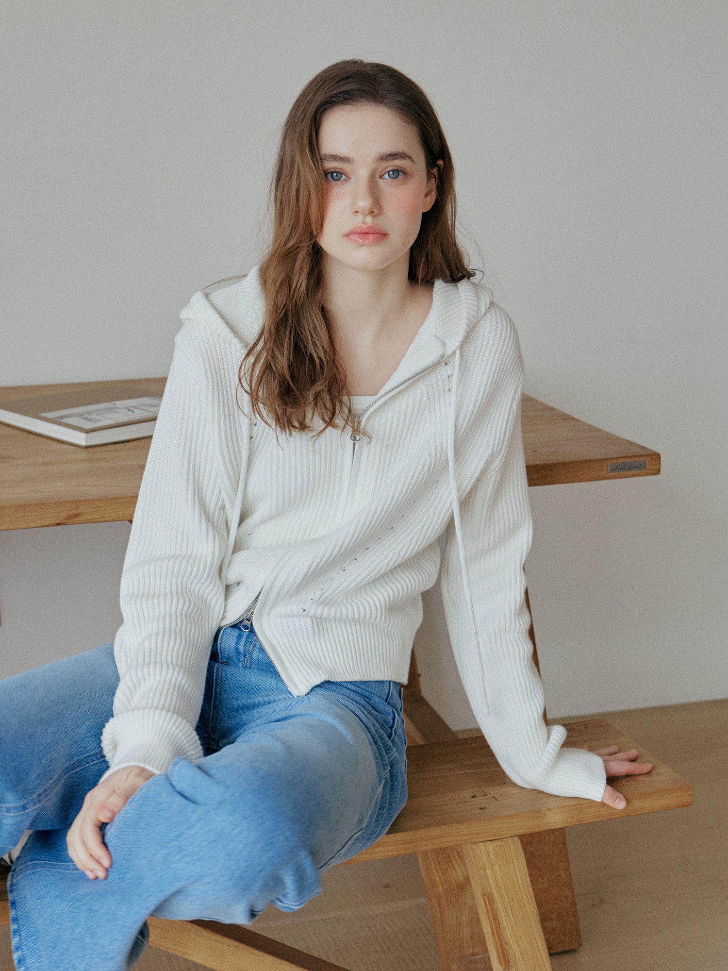 HAZI HOOD KNIT ZIP UP_IVORY