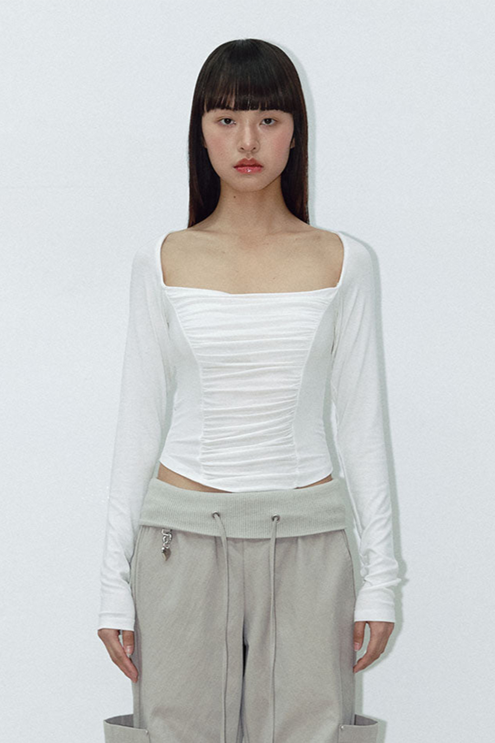 WIDE SQUARE SHIRRING T_IVORY