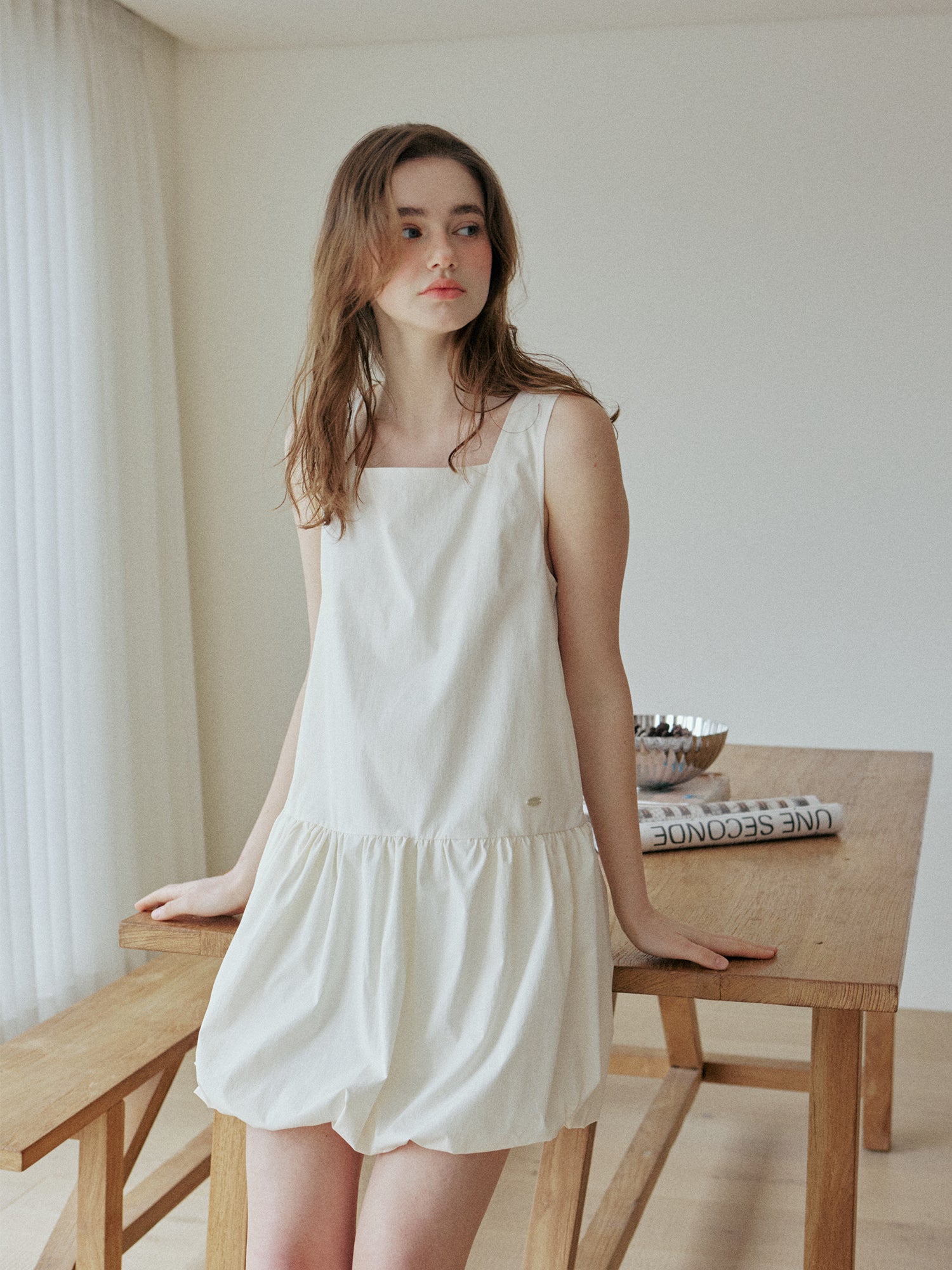 BALLOON SHIRRING DRESS_IVORY