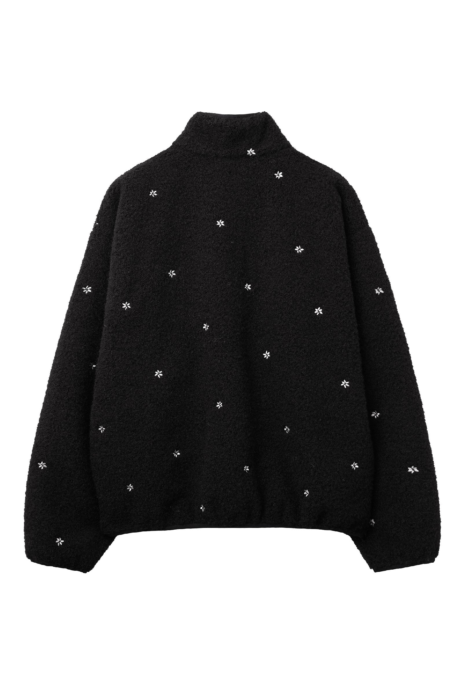 FLORAL EMBROIDERED HALF ZIP-UP FLEECE JACKET_BLACK