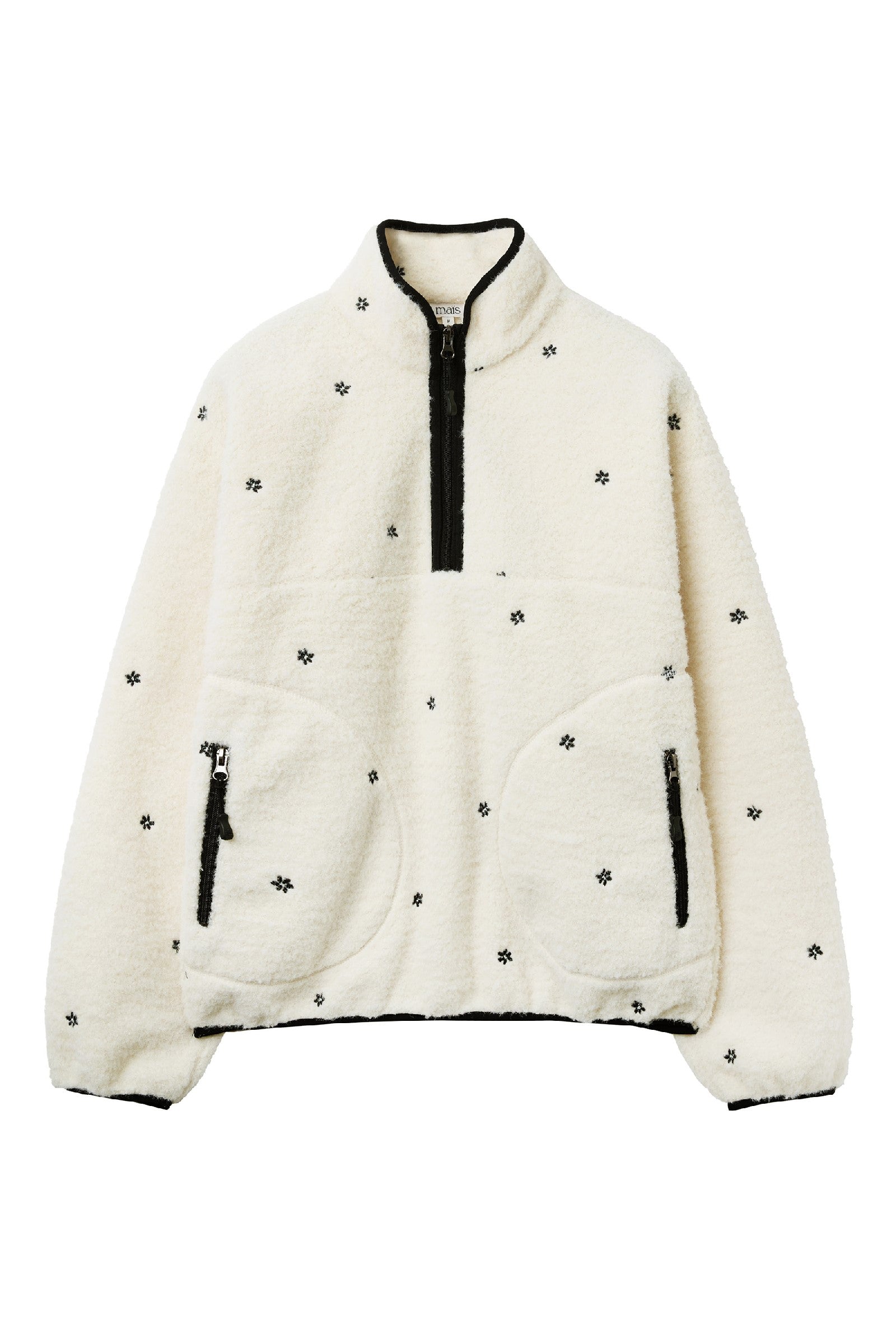 FLORAL EMBROIDERED HALF ZIP-UP FLEECE JACKET_IVORY
