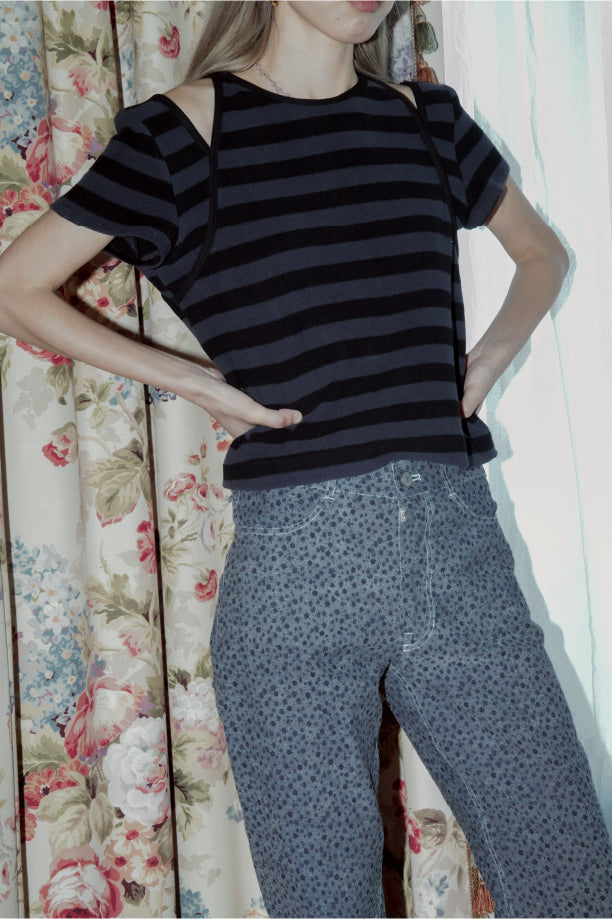 STRIPE TERRY SLIT TOP_BLACK