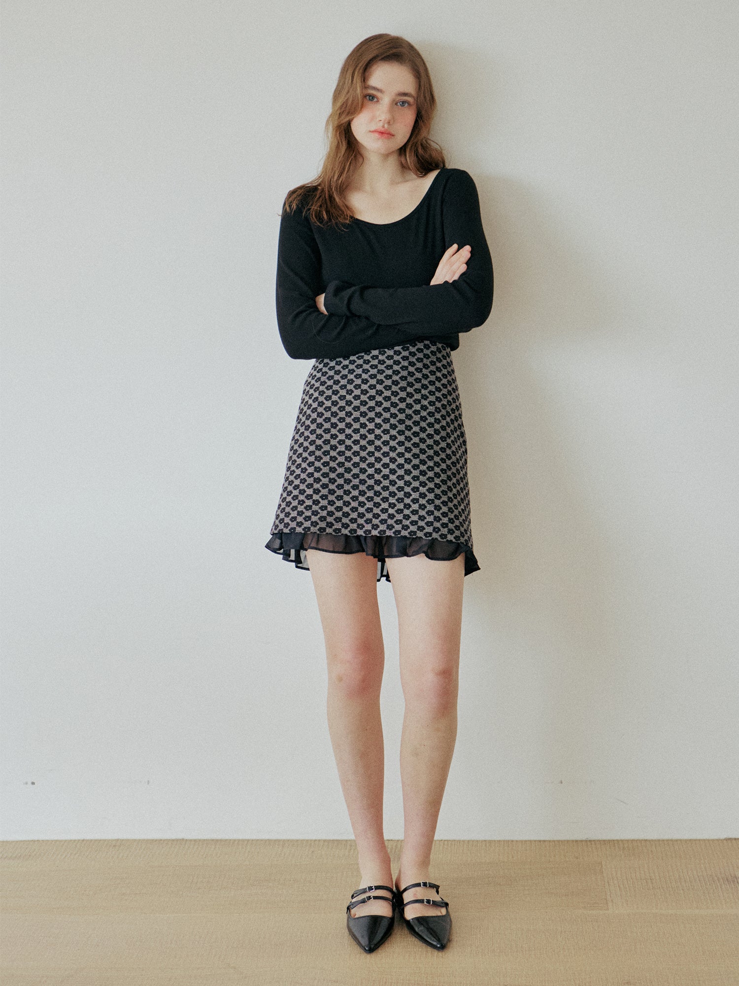 JACQUARD FLOWER SKIRT_BLACK