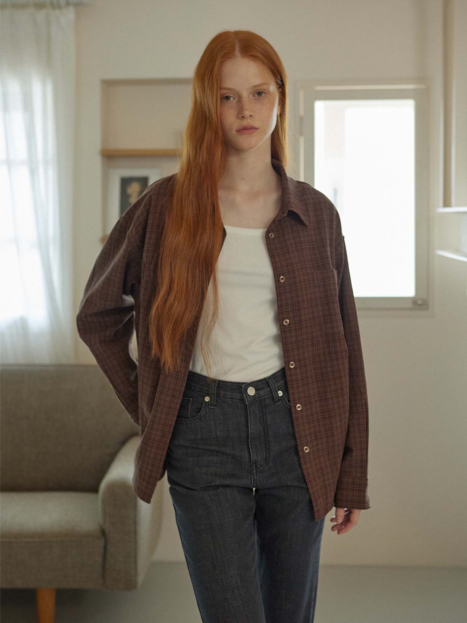 CHEMISE À CARREAUX EN COTON _MARRON