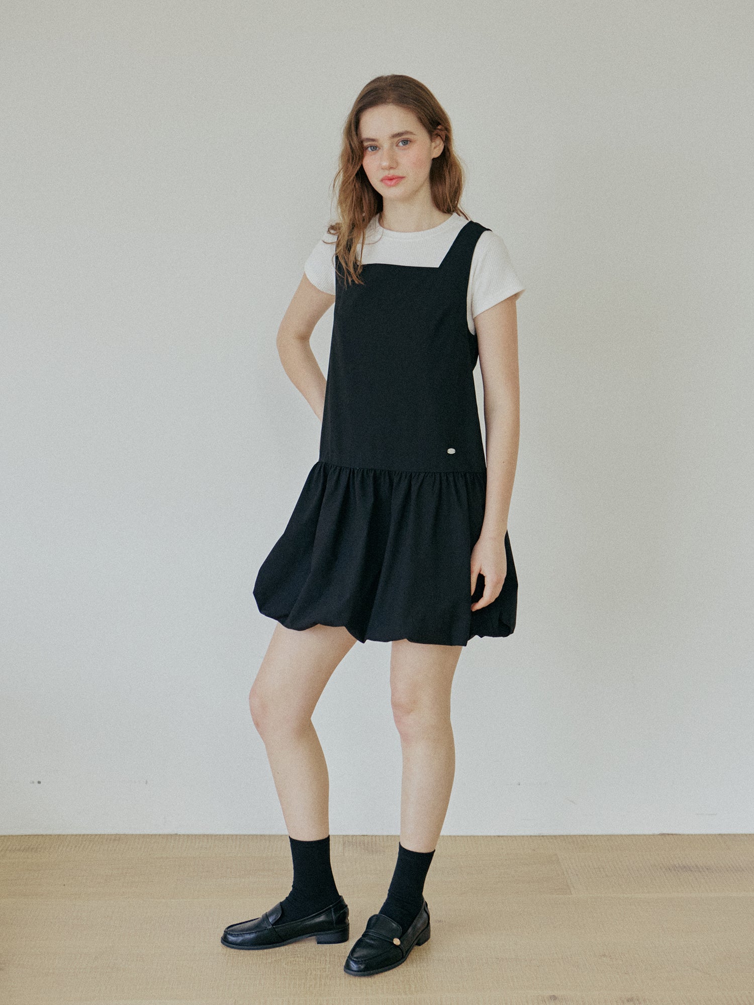 BALLOON SHIRRING DRESS_BLACK