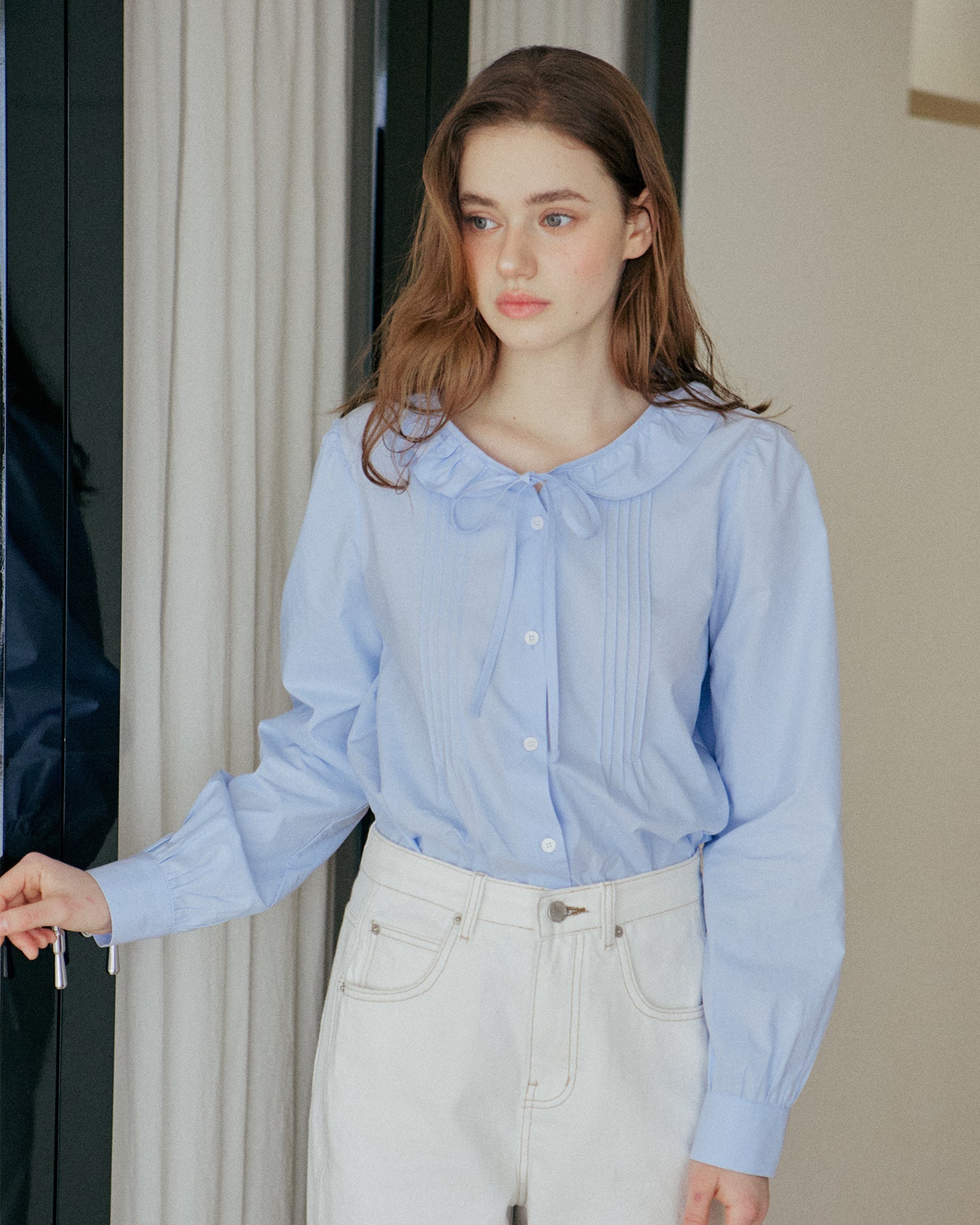 FRILL TUCKED SHIRT_SKY BLUE