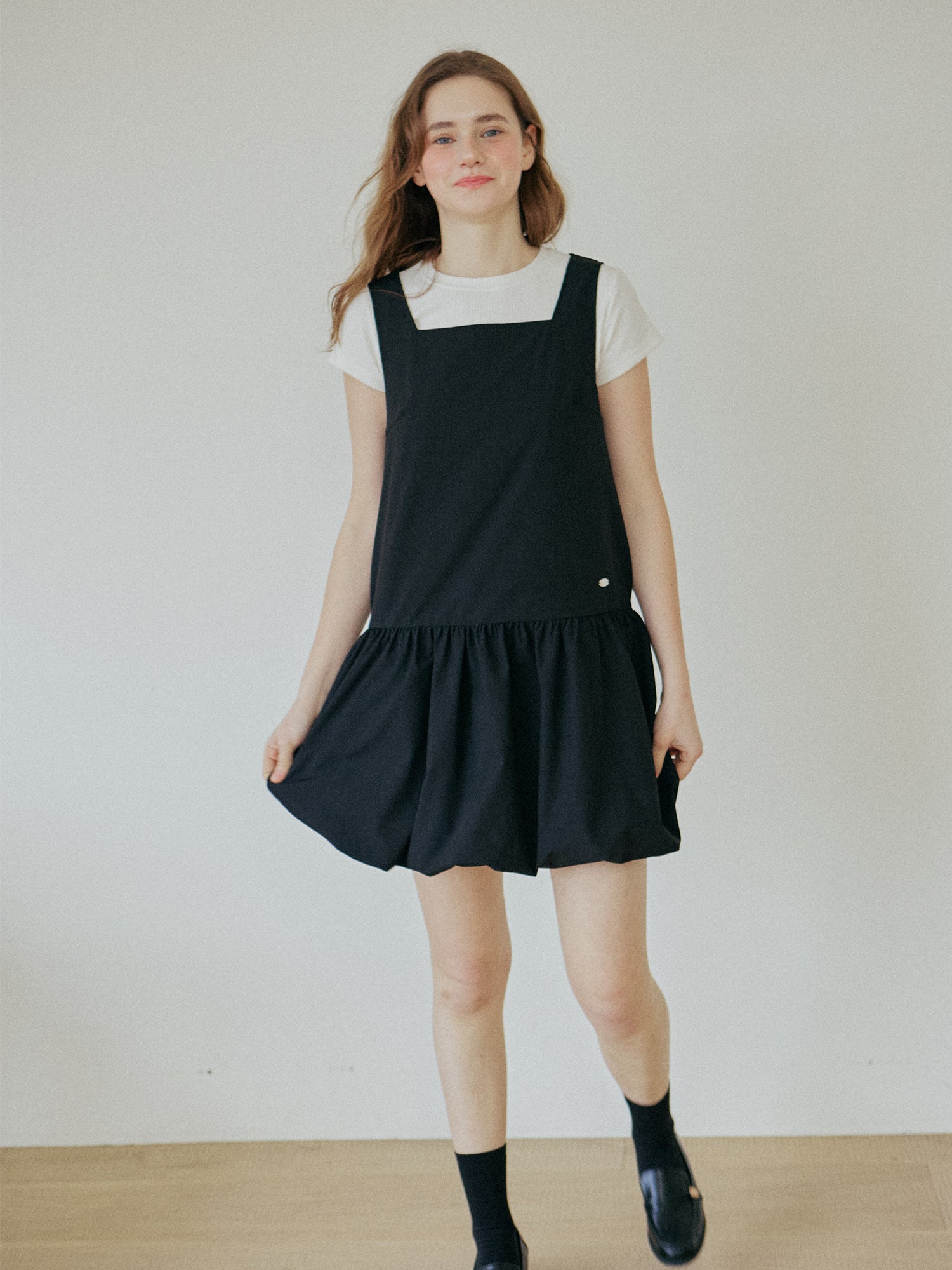BALLOON SHIRRING DRESS_BLACK