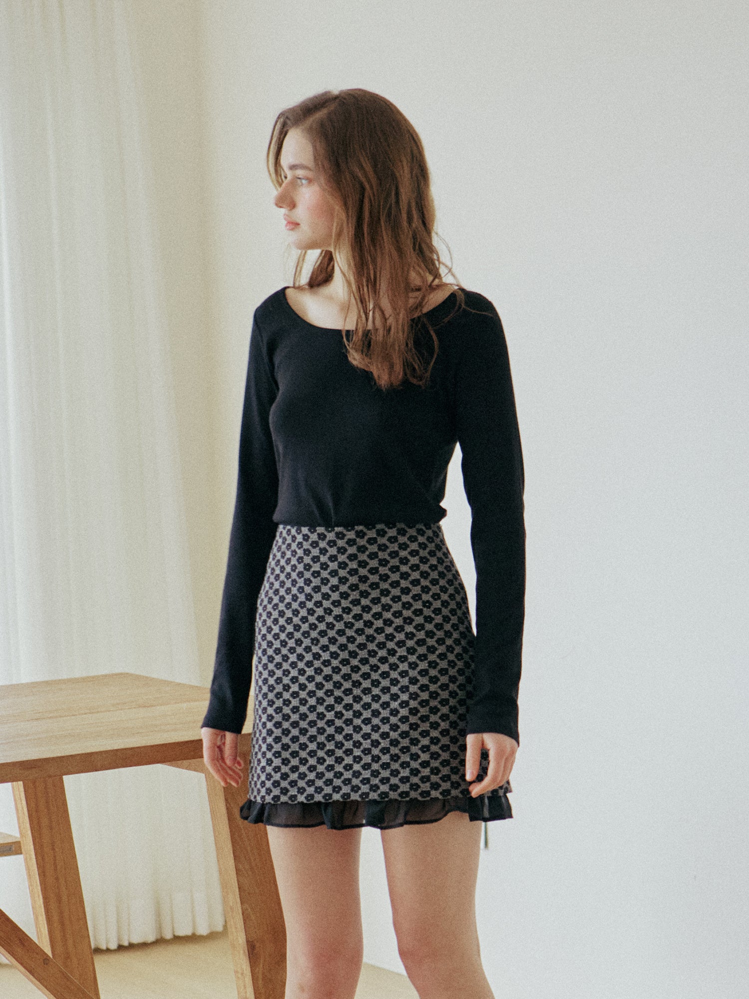 JACQUARD FLOWER SKIRT_BLACK