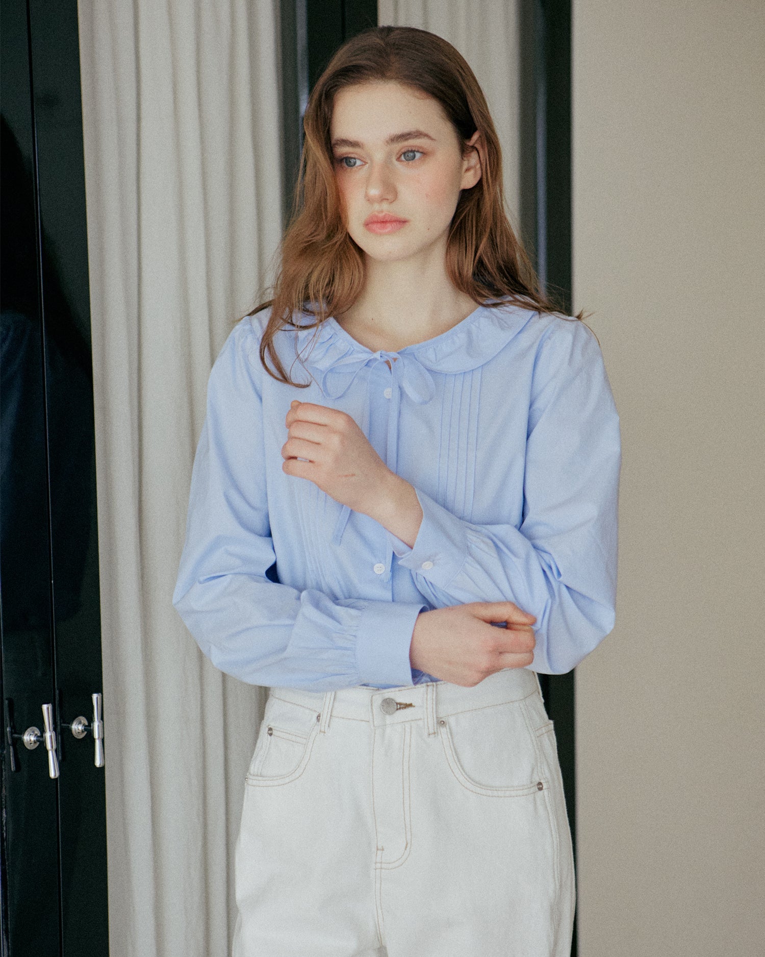 FRILL TUCKED SHIRT_SKY BLUE