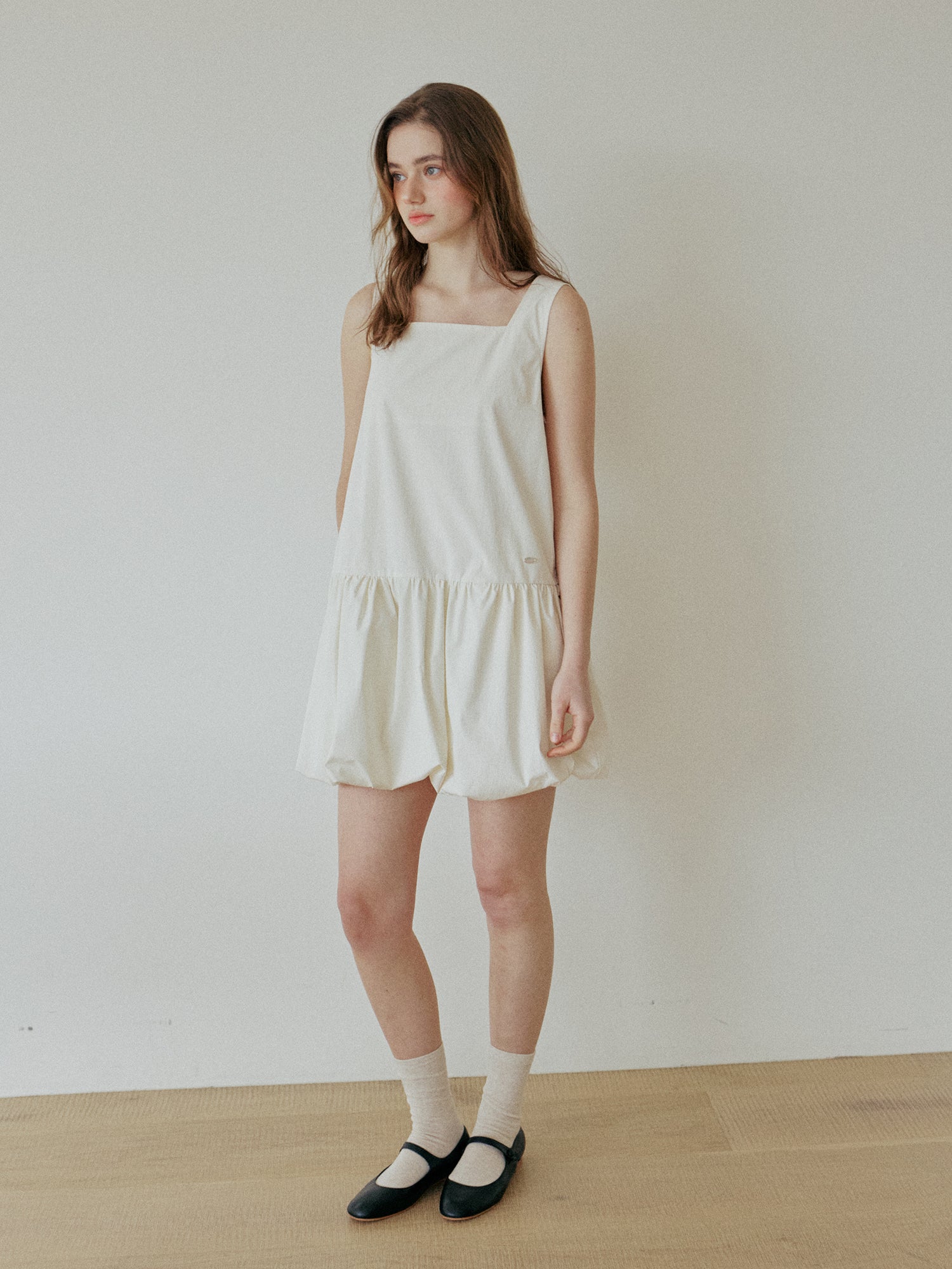 BALLOON SHIRRING DRESS_IVORY