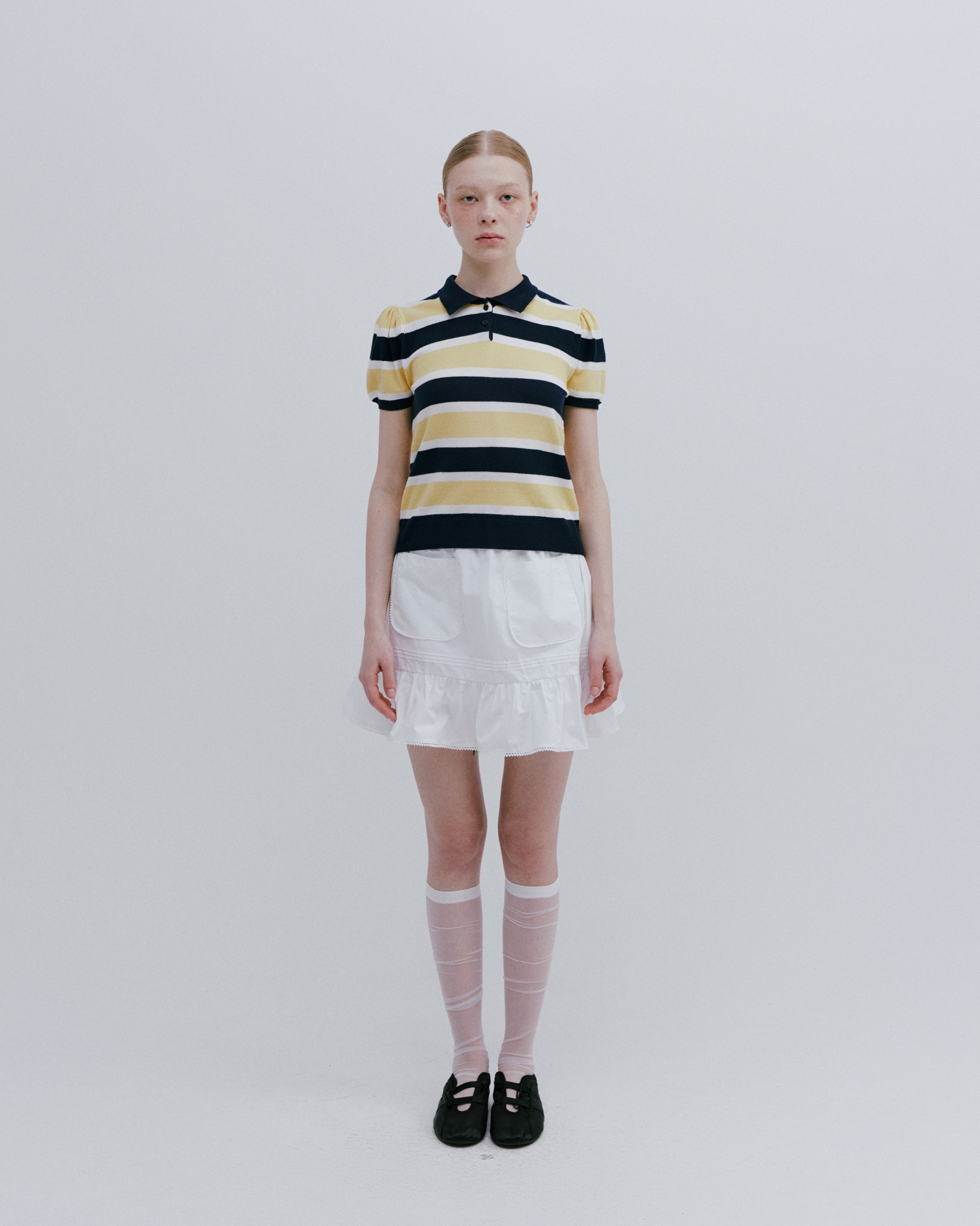 PULL PETIT PUFF RAYÉ EN MAILLE AVEC COL_JAUNE