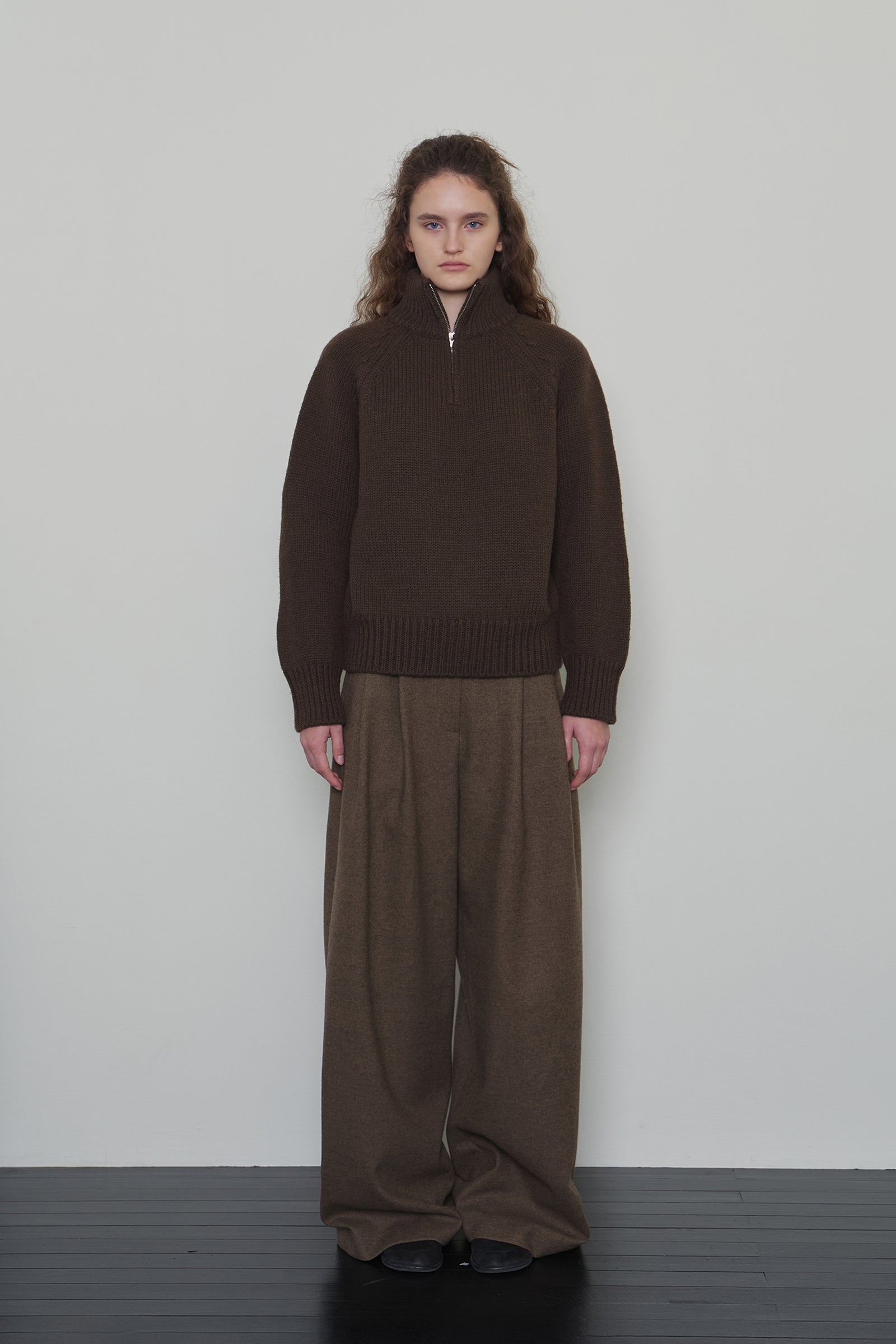 TOM WOOL HALF ZIP-UP KNIT_BROWN