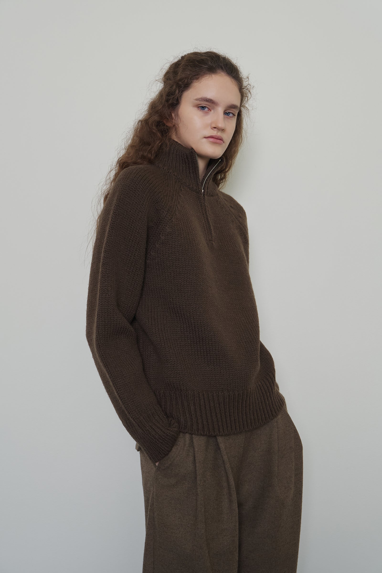 TOM WOOL HALF ZIP-UP KNIT_BROWN