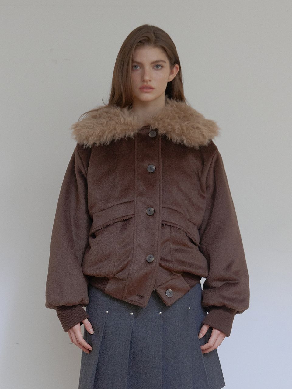 COLLOR FUR REVERSIBLE JUMPER_BROWN