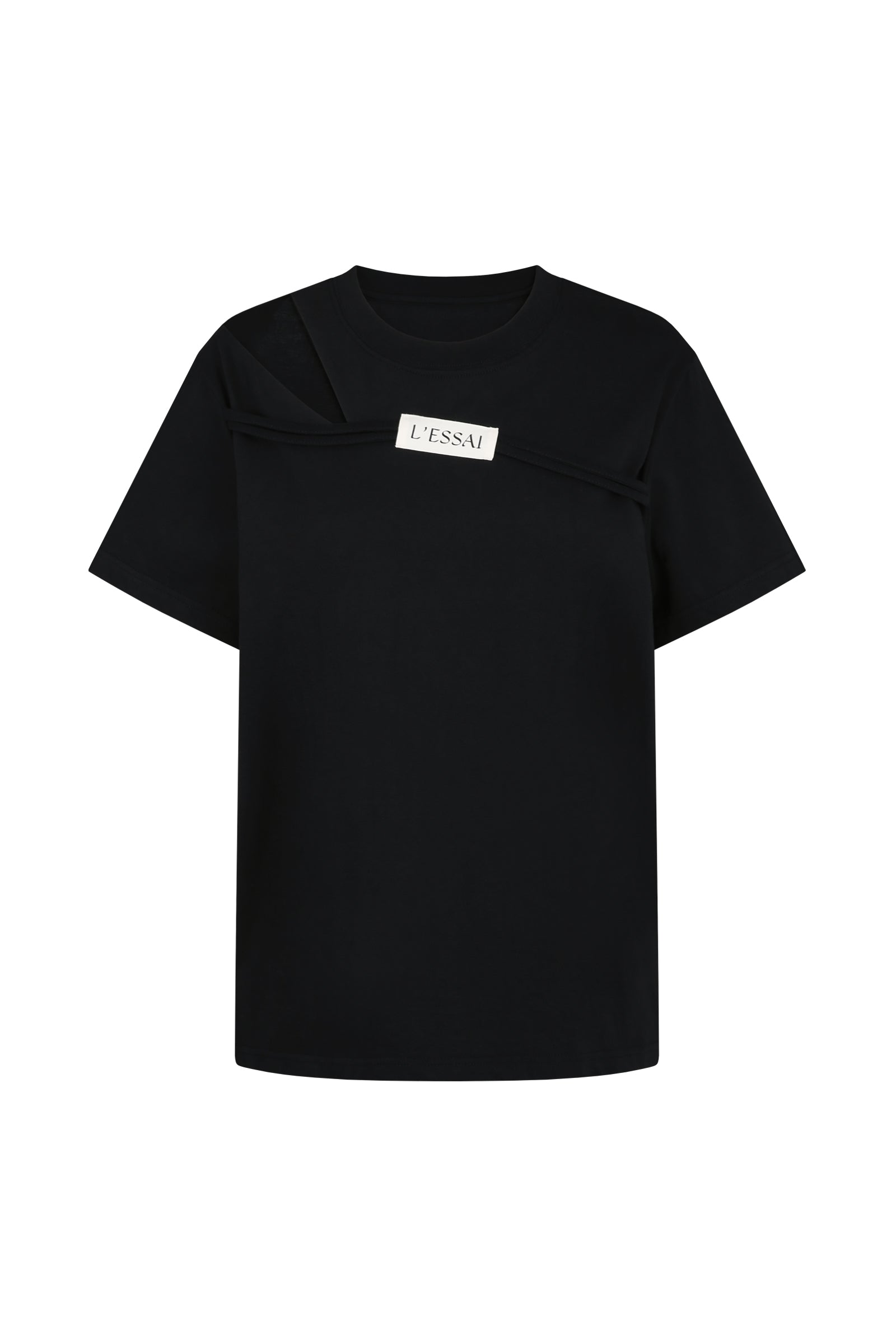 CUT OUT SHOULDER STRING LOGO T-SHIRT_GRIS