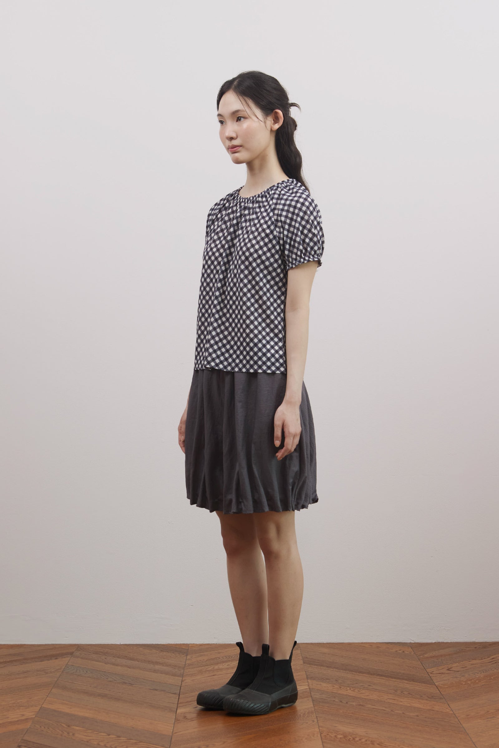 SHIRRED CHECK TOP_NAVY