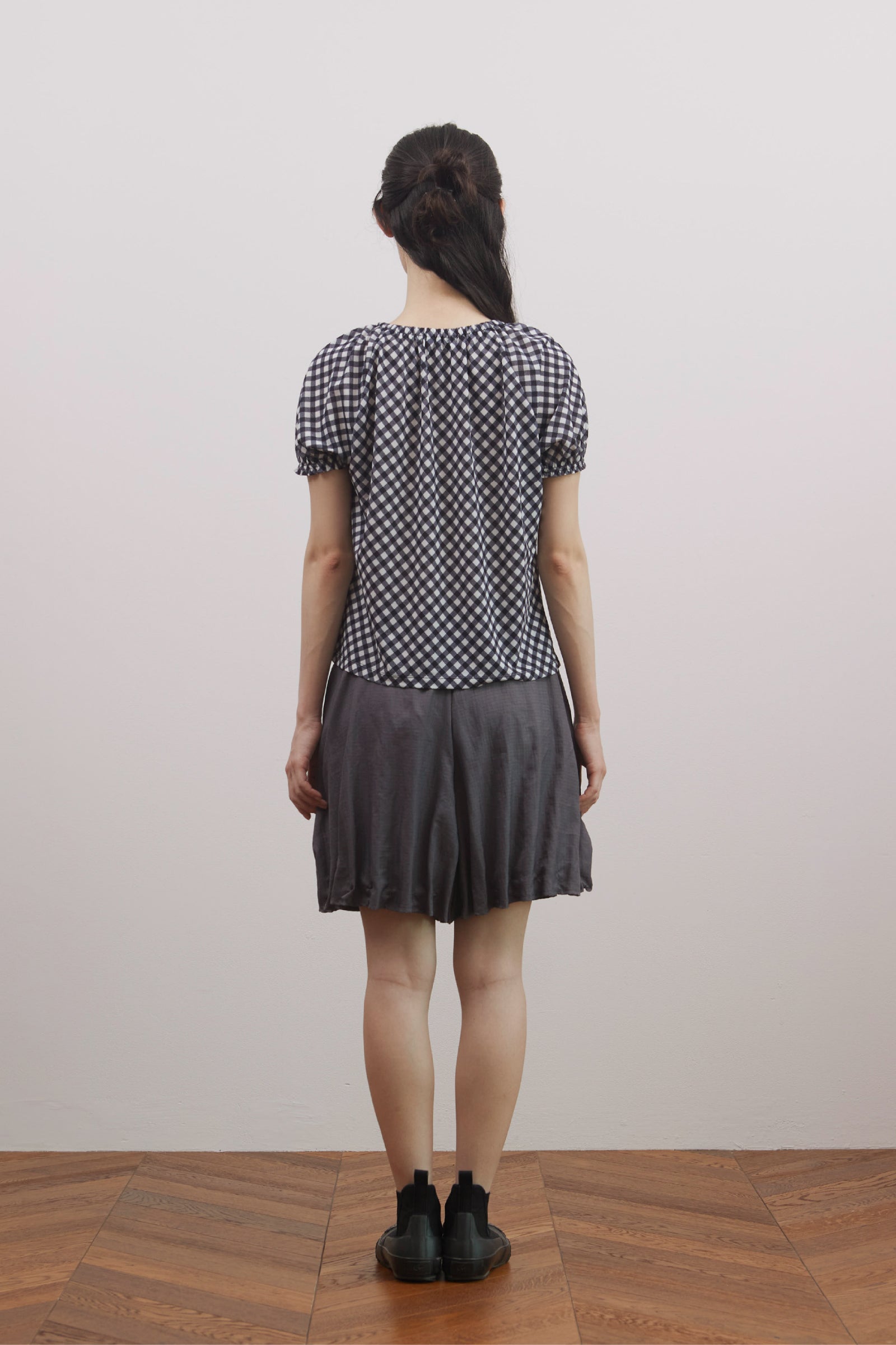 SHIRRED CHECK TOP_NAVY