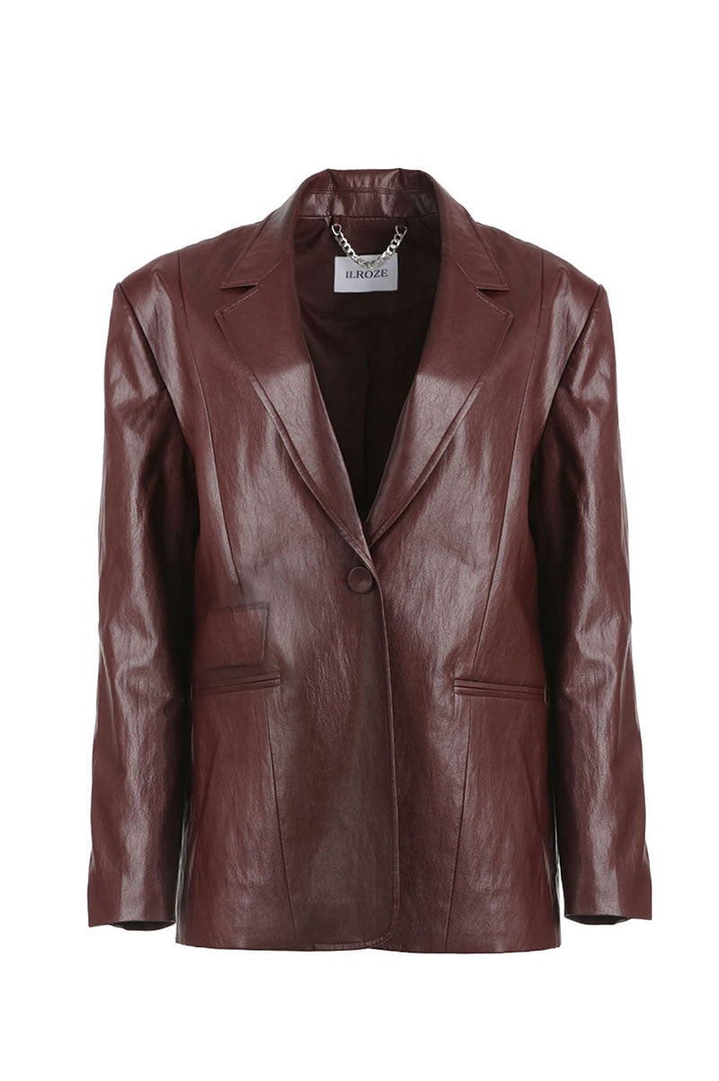 VESTE OVERSIZE CLASSIQUE EN SIMILI CUIR À BOUTON_BRUN ROUGE
