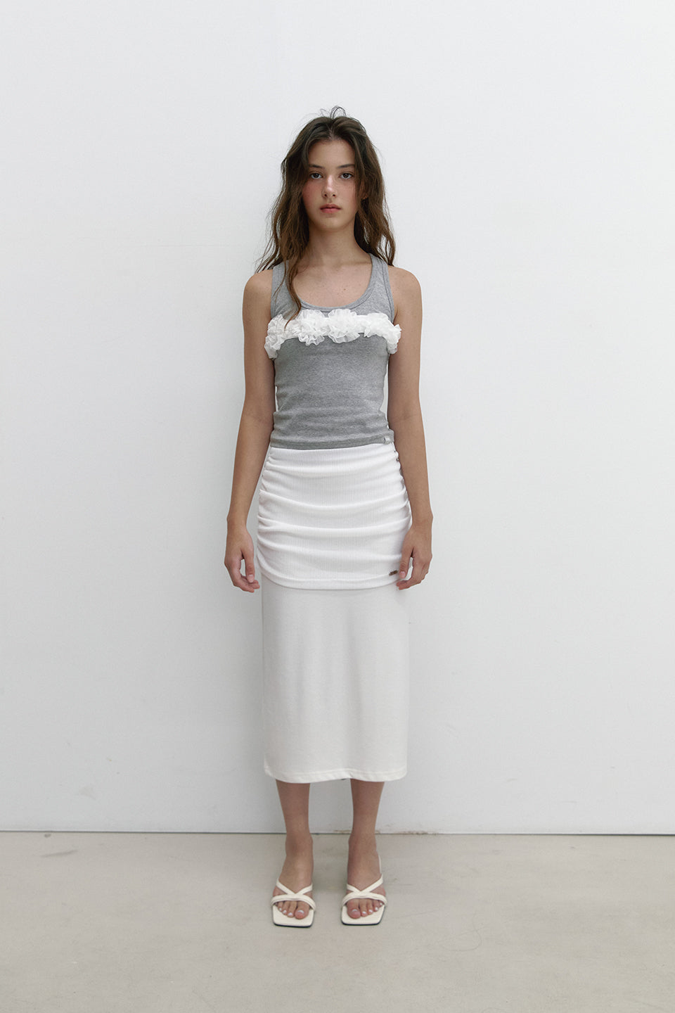 MIX SHIRRING SKIRT_IVORY