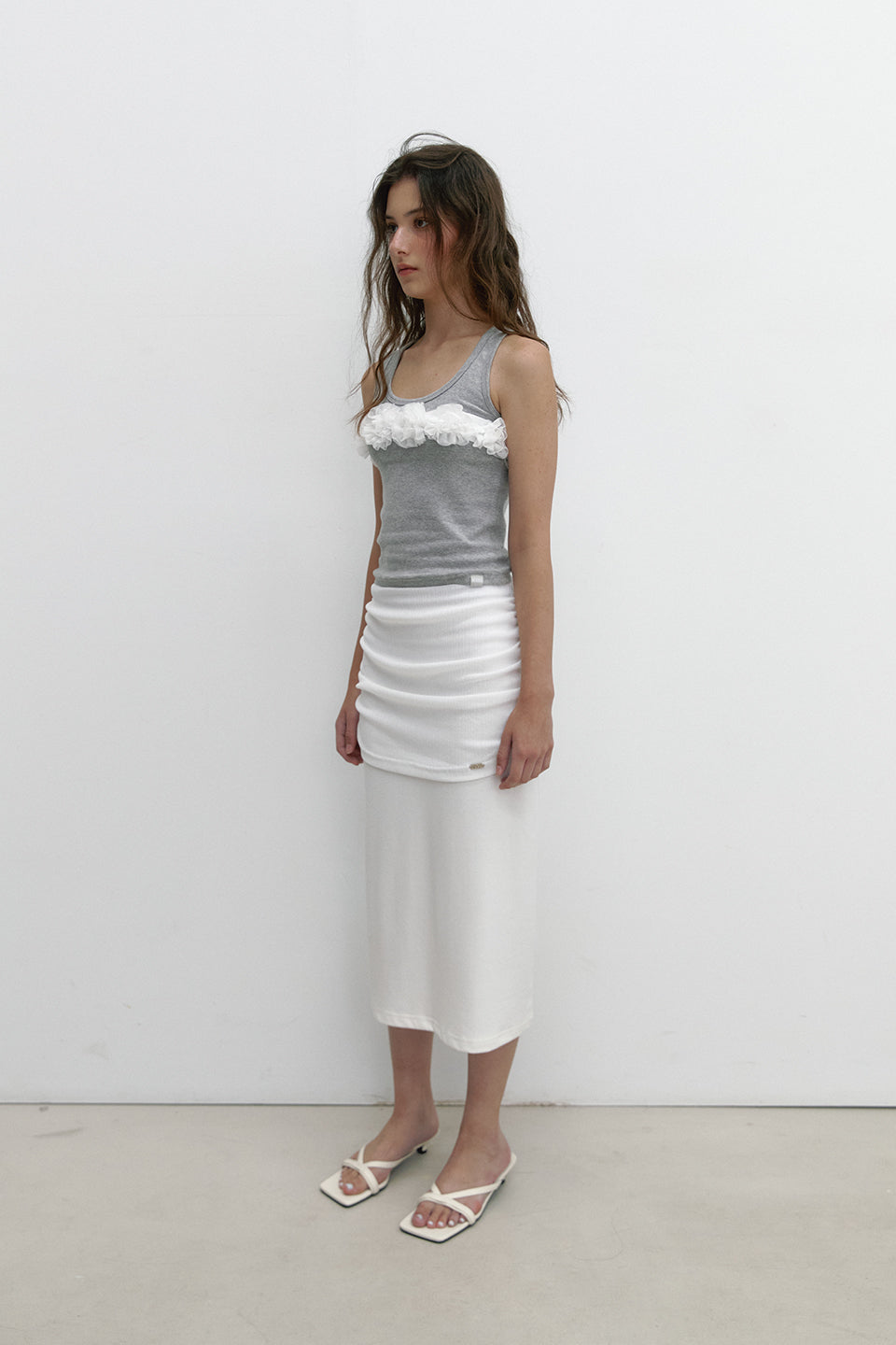 MIX SHIRRING SKIRT_IVORY