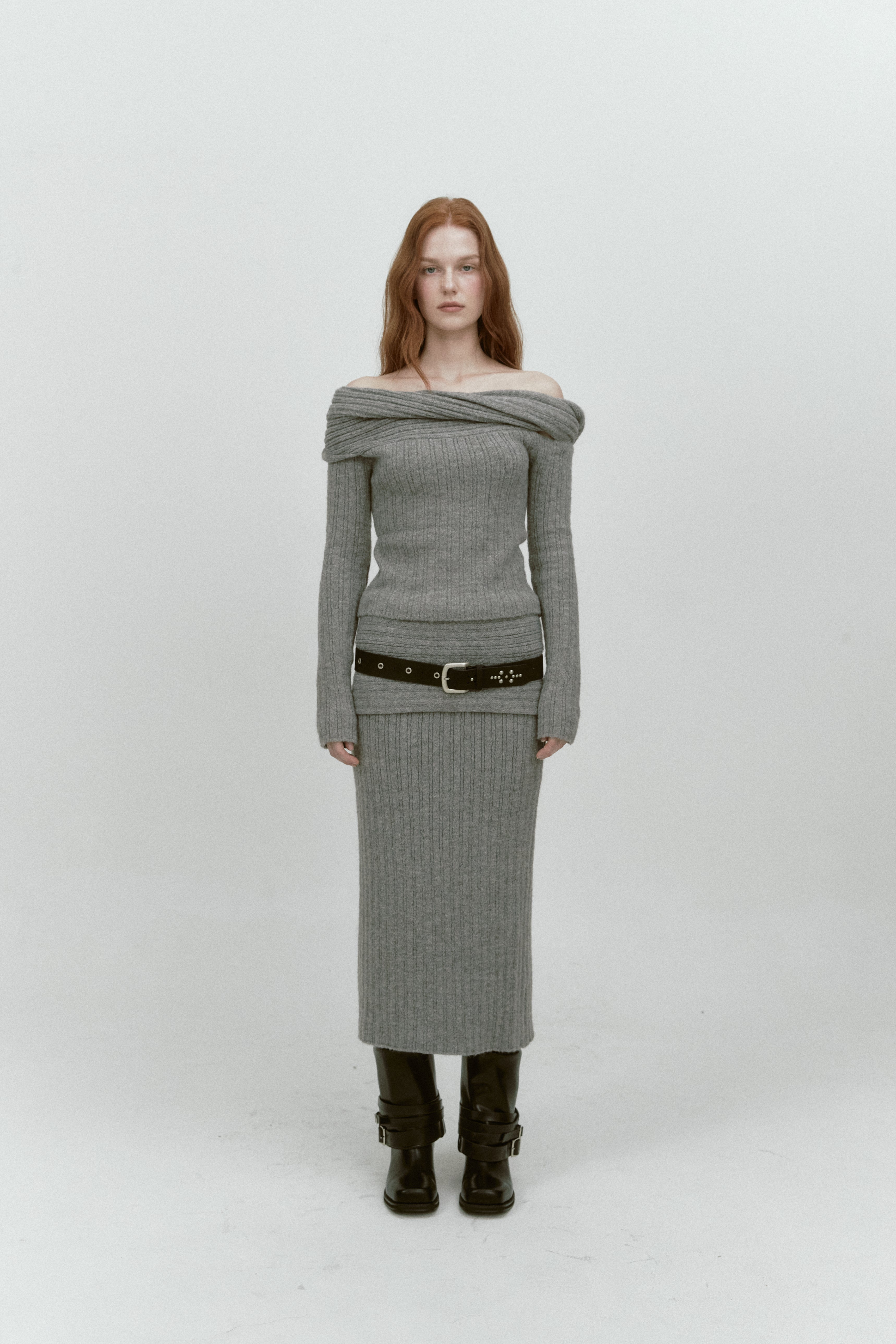 REVERSE FOLD KNIT SKIRT_GREY