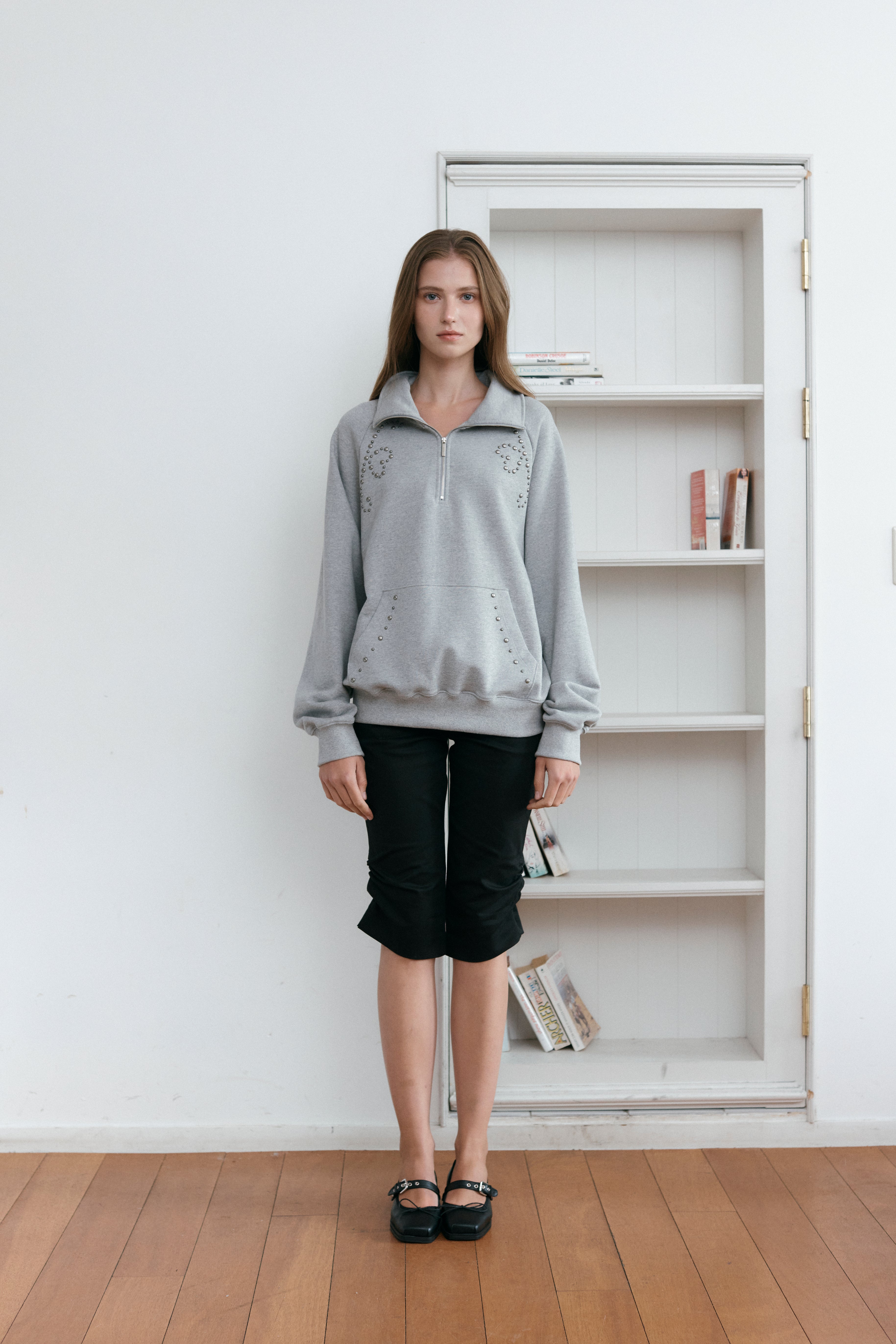 HEART STUD HALF ZIP-UP_MELANGE GRAY