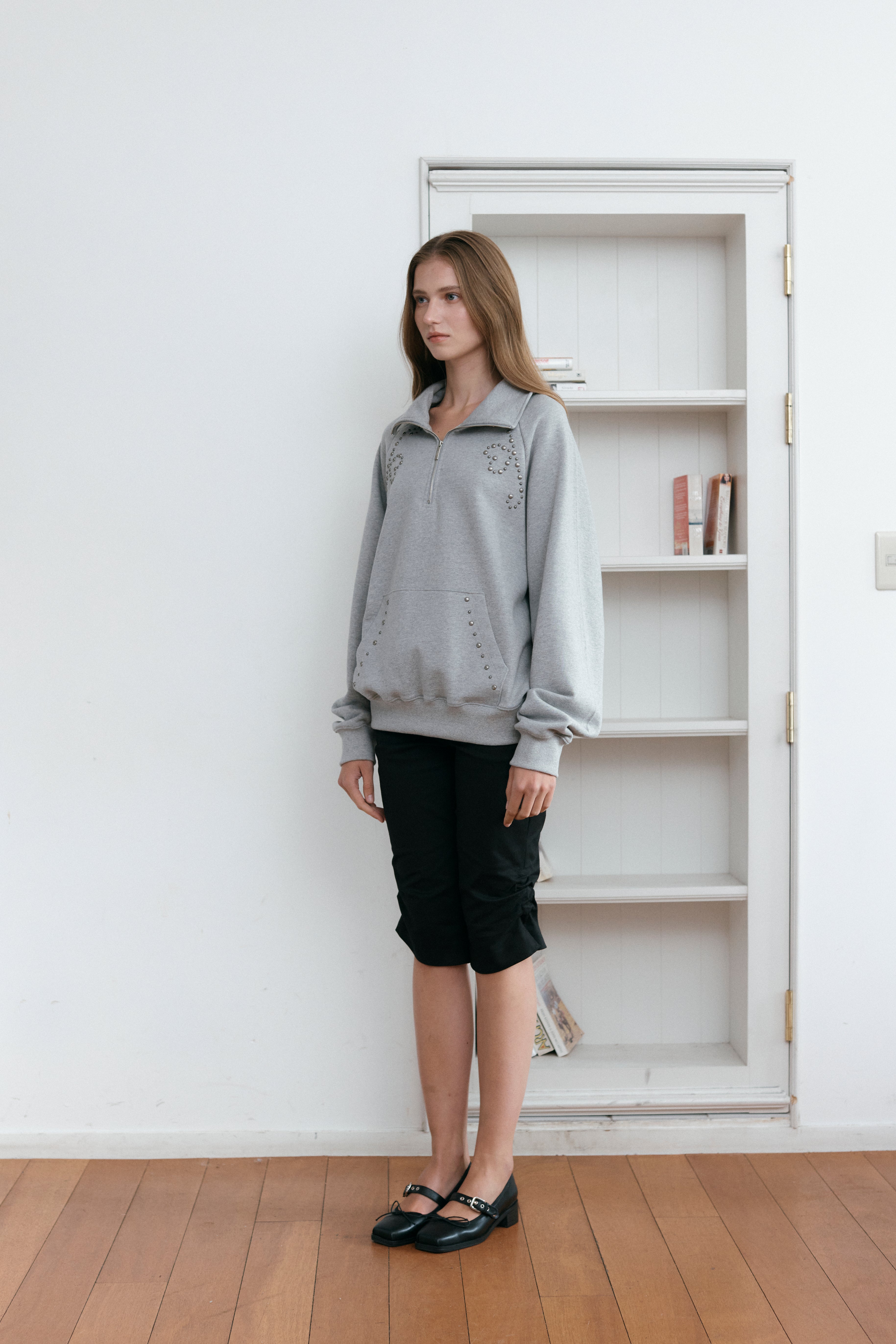 HEART STUD HALF ZIP-UP_MELANGE GRAY