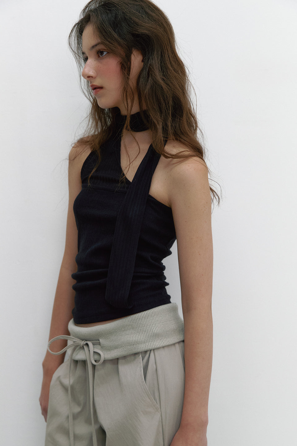 FABRIC MIX TIE TOP_BLACK