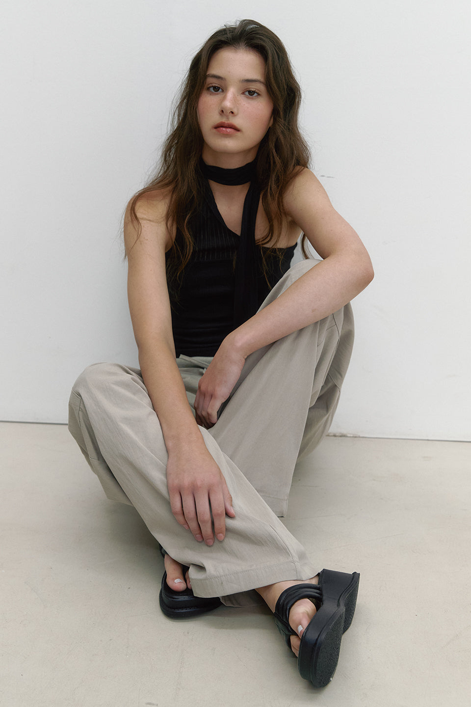FABRIC MIX TIE TOP_BLACK