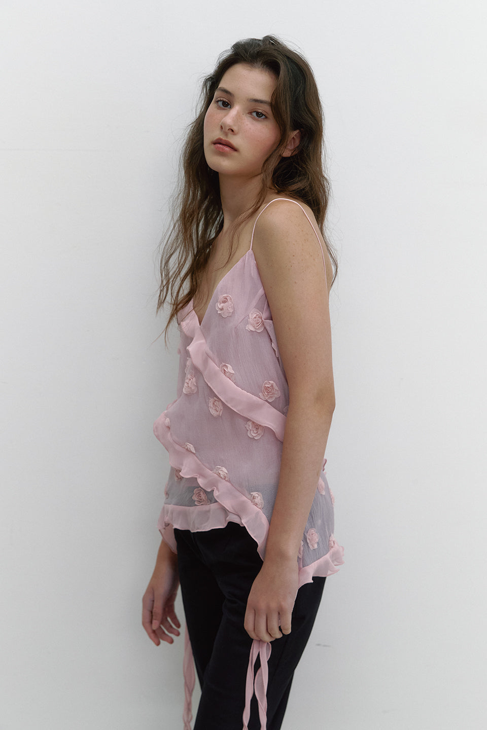 CHEMISIER À VOLANTS EN CHIFFON FLEURI_ROSE