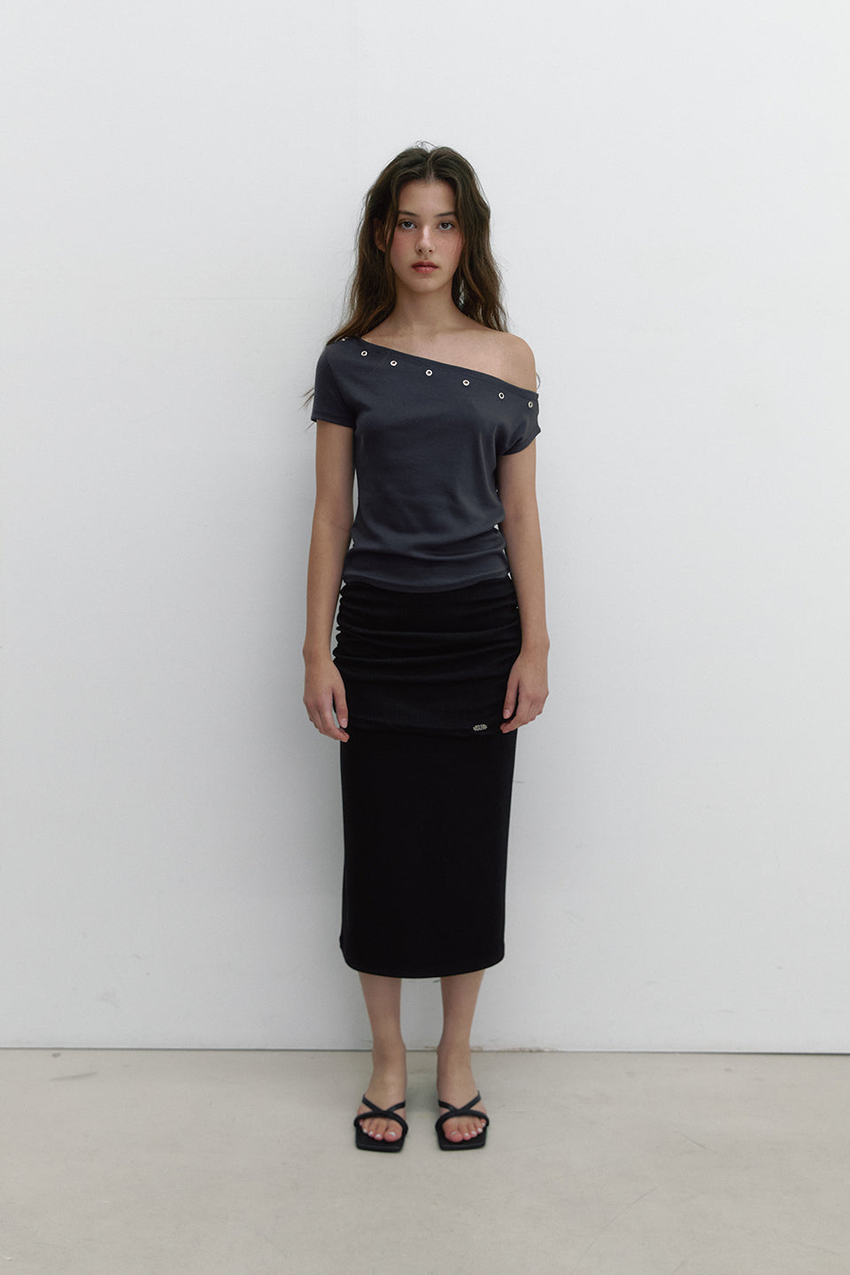 MIX SHIRRING SKIRT_BLACK