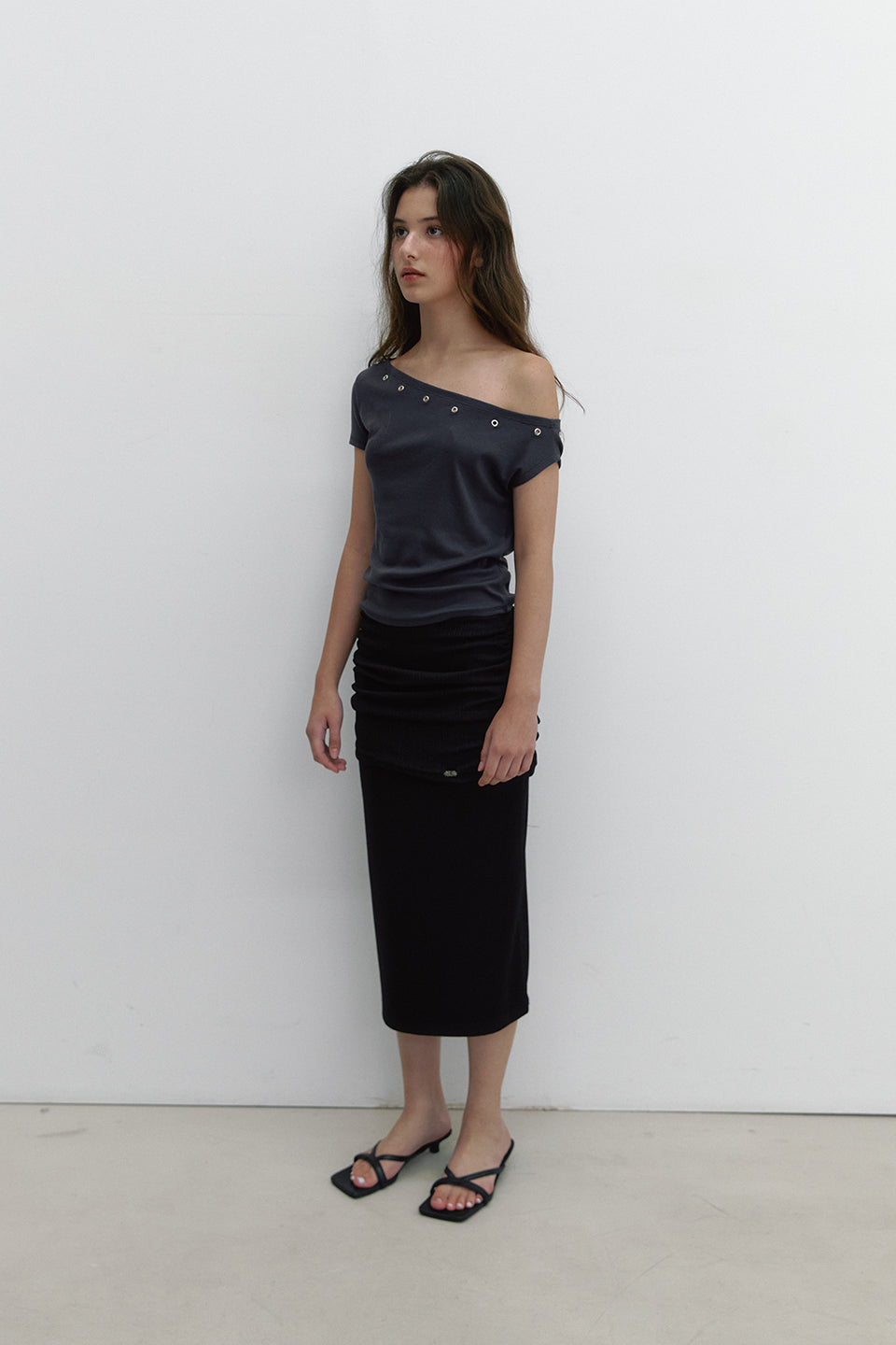 MIX SHIRRING SKIRT_BLACK