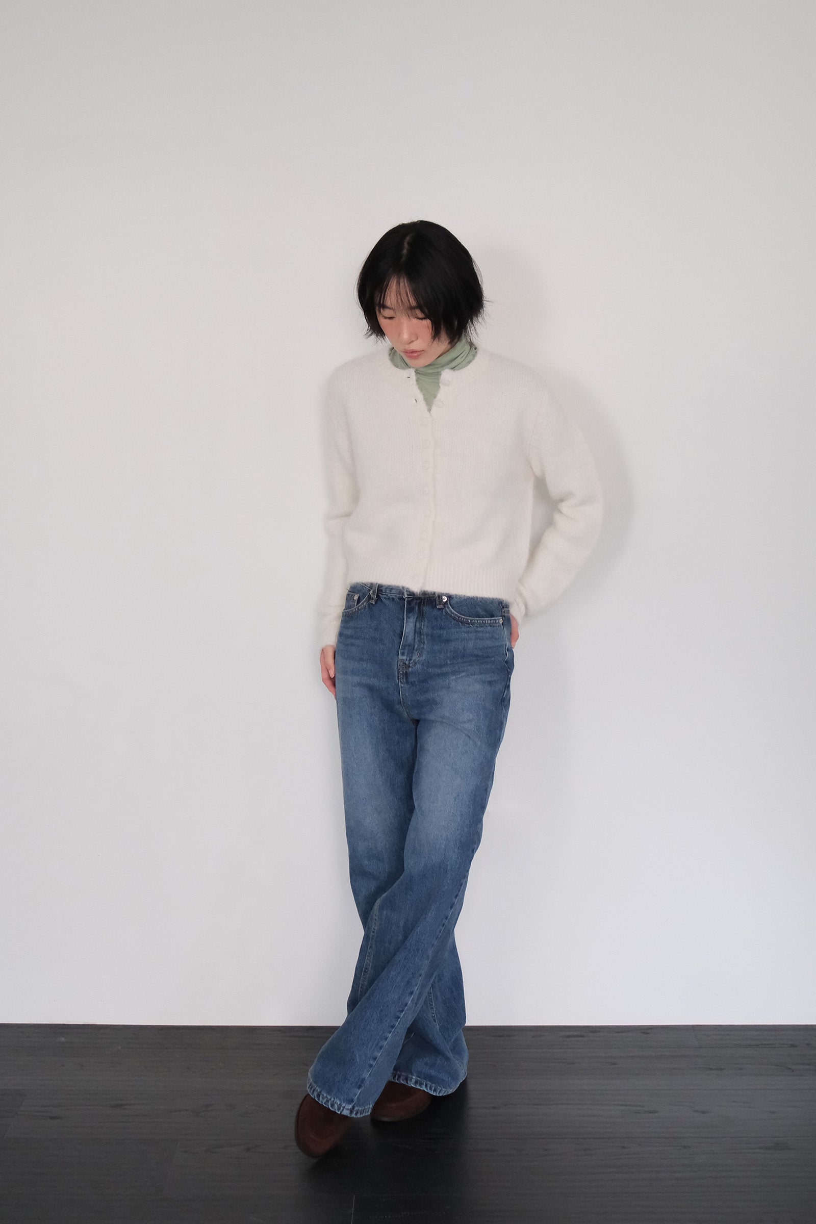 MOUI CARDIGAN EN ALPAGA À FENTE AVEC RUBAN_IVOIRE