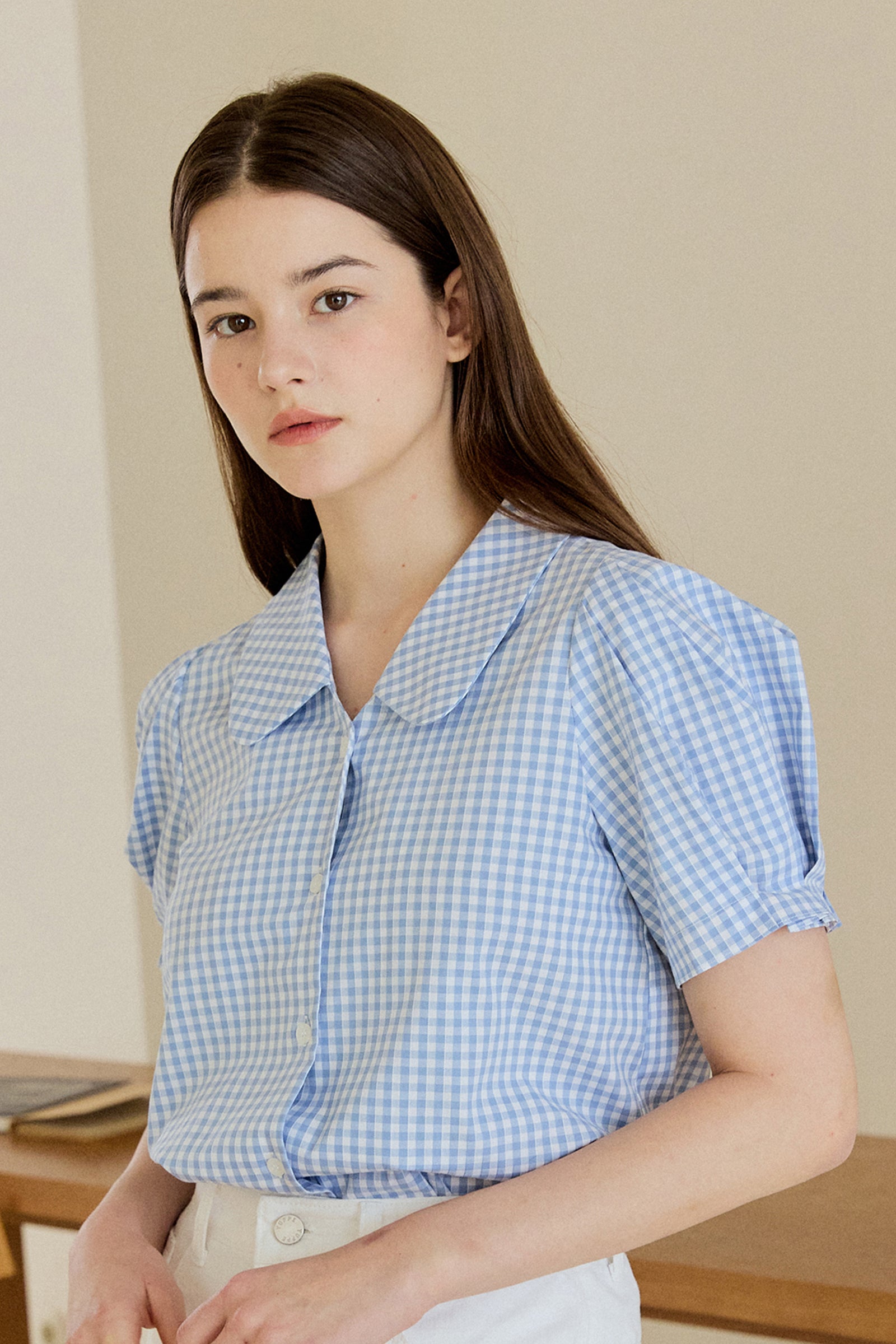 CHECK PUFF SHIRT_SKY BLUE
