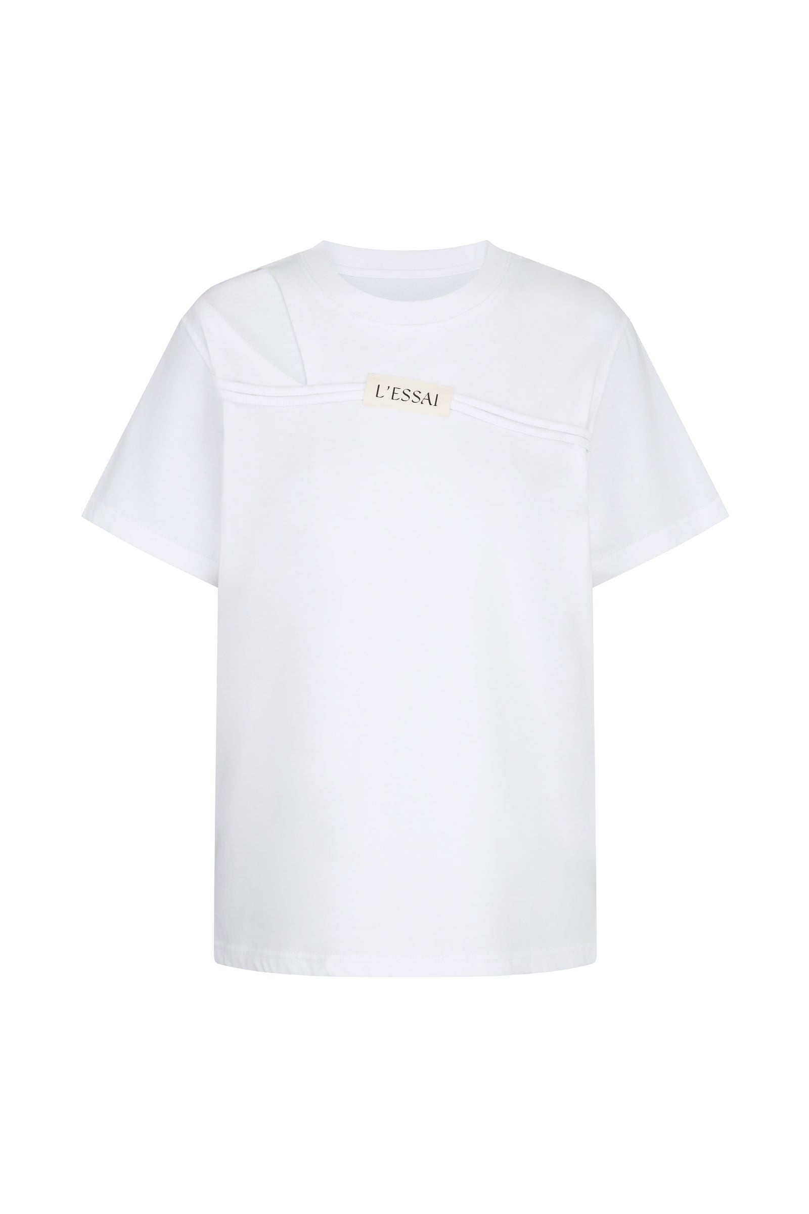 CUT OUT SHOULDER STRING LOGO T-SHIRT_BLANC