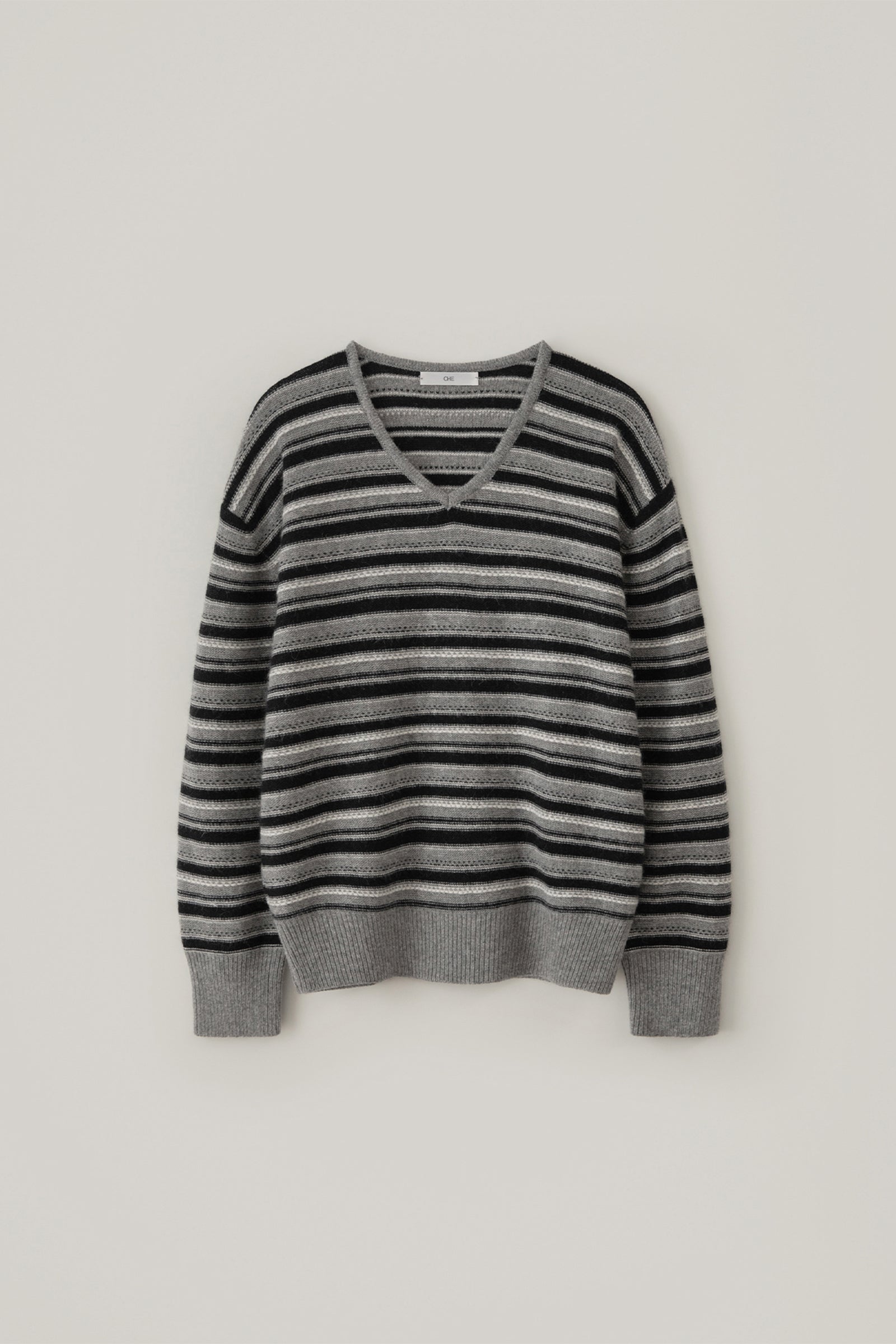 OSCAR STRIPE V-NECK KNIT_BLACK