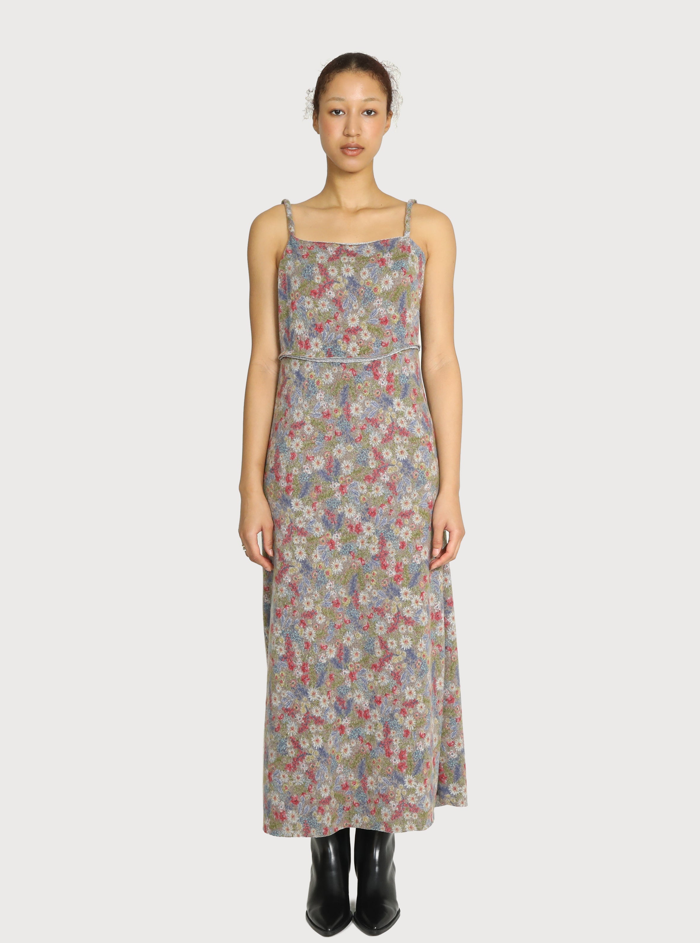 FLOWER PATTERN BRUSHED KNIT DRESS_KHAKI