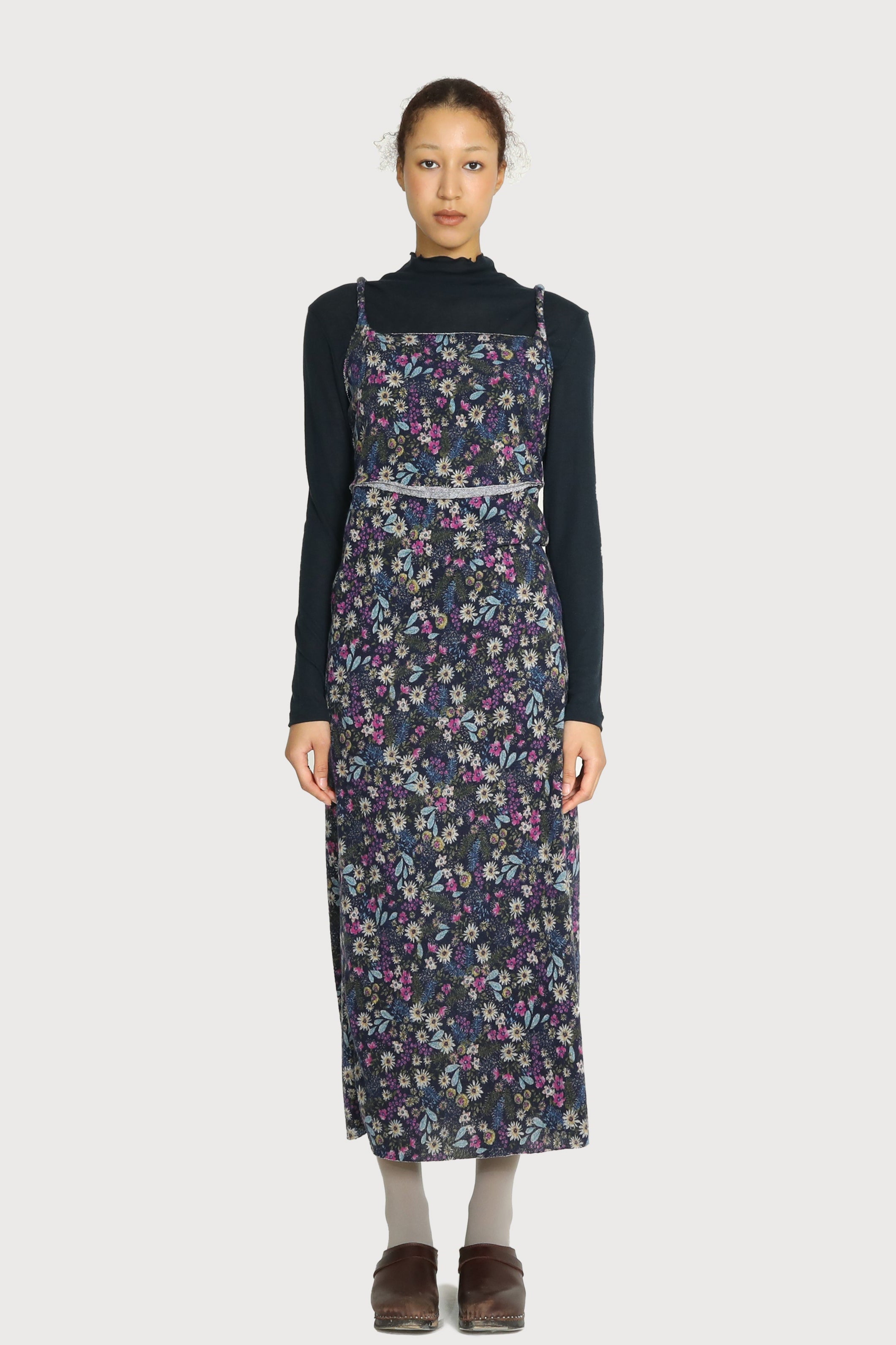 FLOWER PATTERN BRUSHED KNIT DRESS_NAVY
