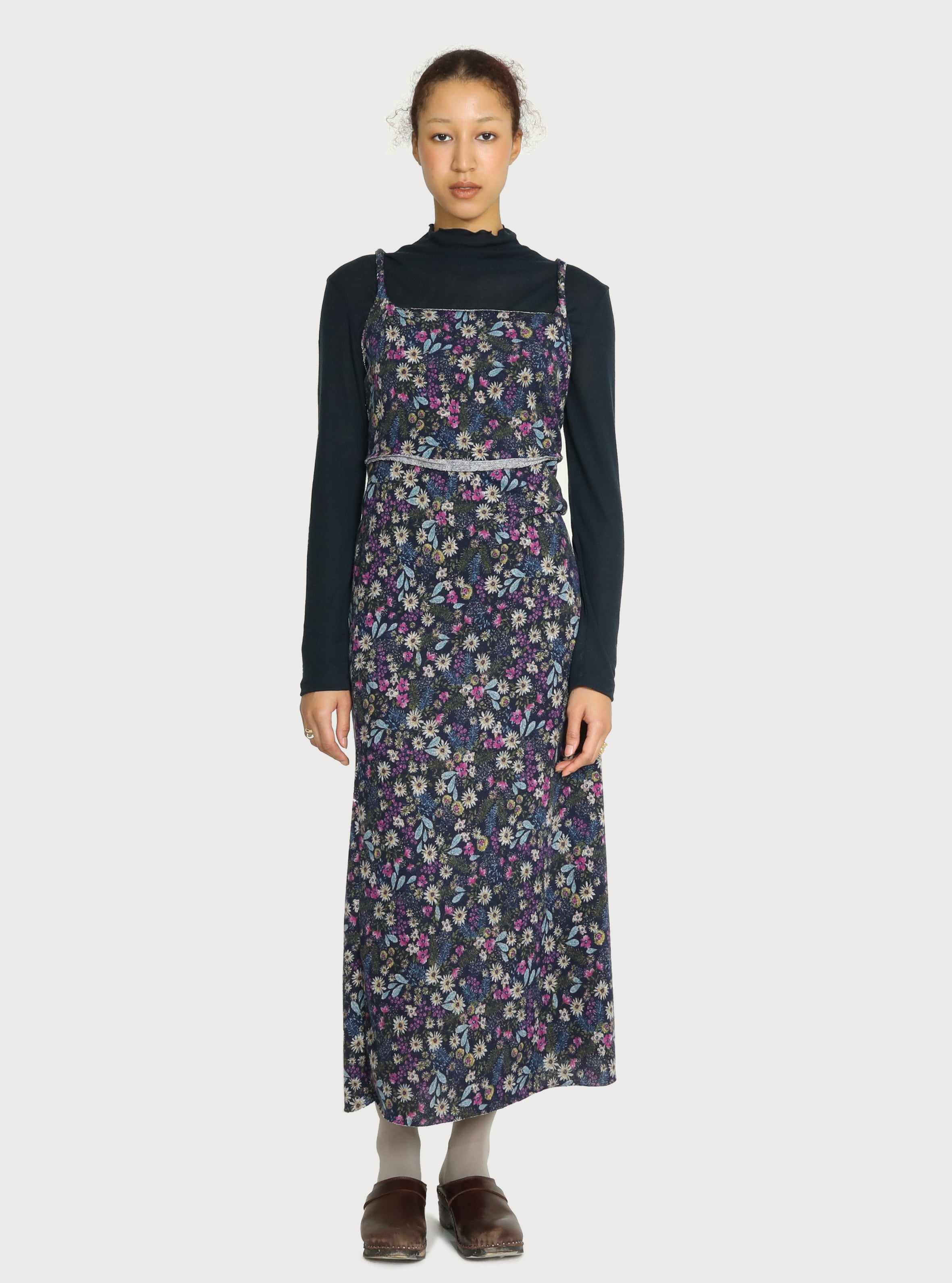 FLOWER PATTERN BRUSHED KNIT DRESS_NAVY