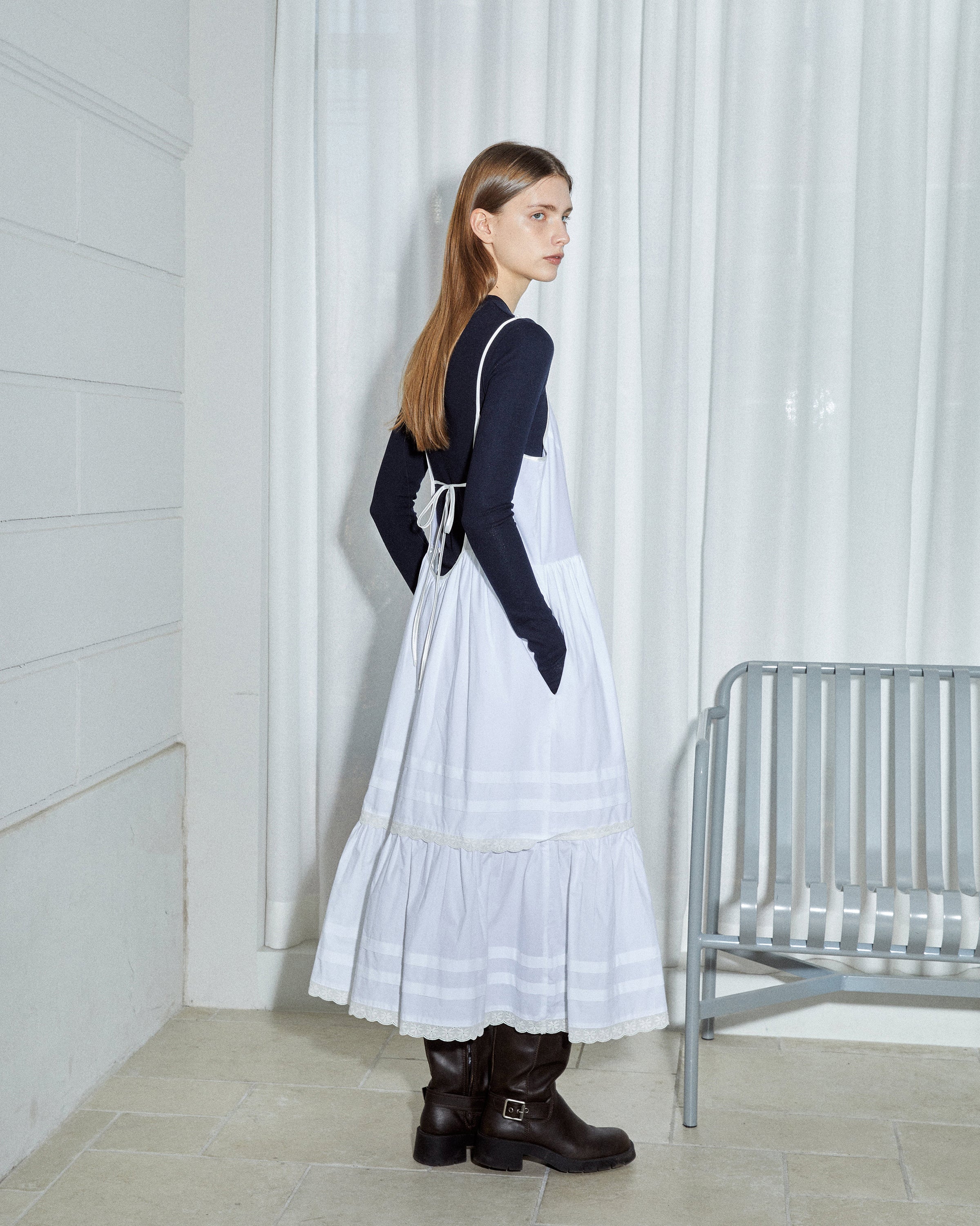 BACK OPEN LACE SHIRRING DRESS_WHITE