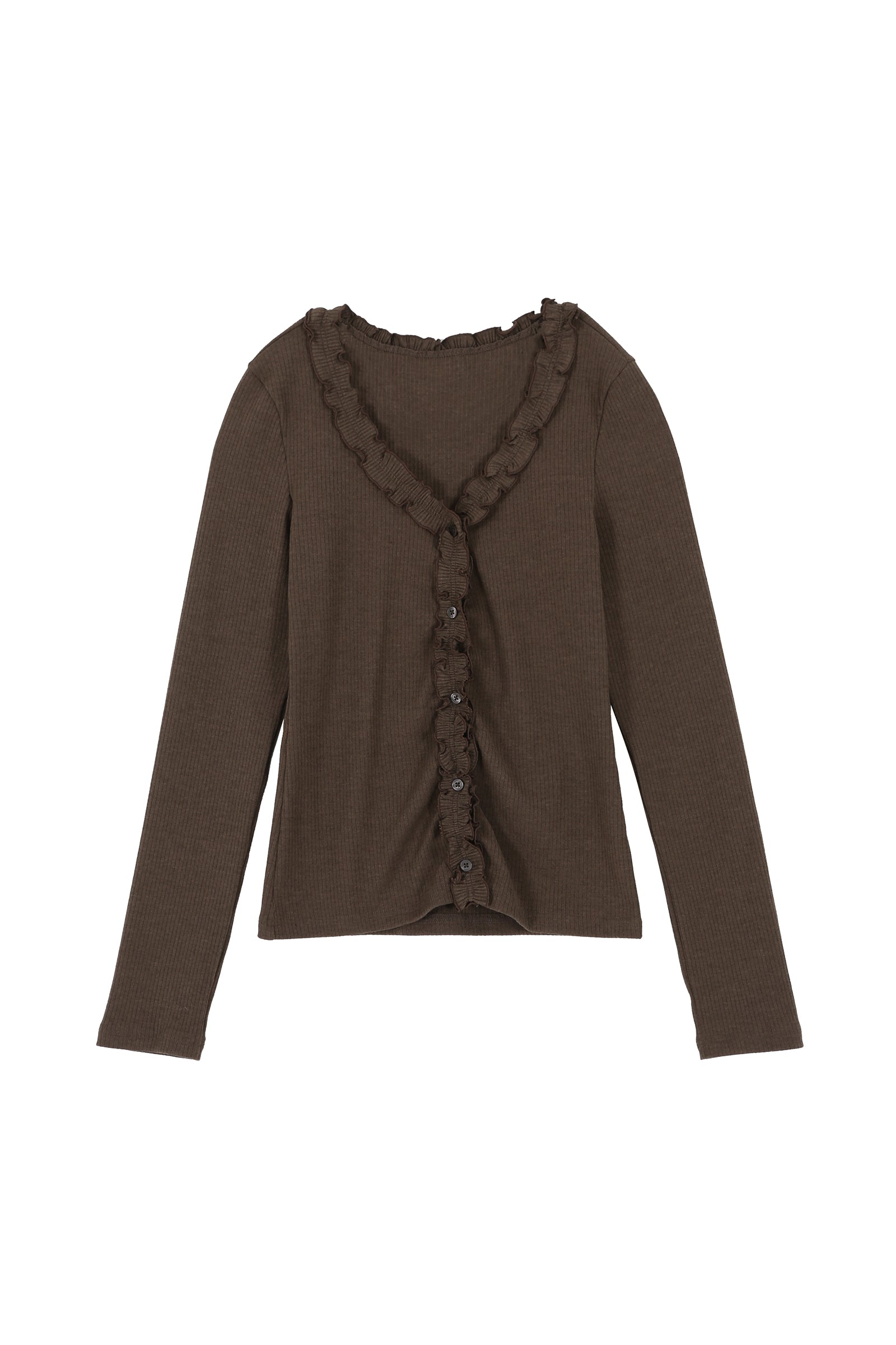 FRILL BUTTON CARDIGAN_BROWN