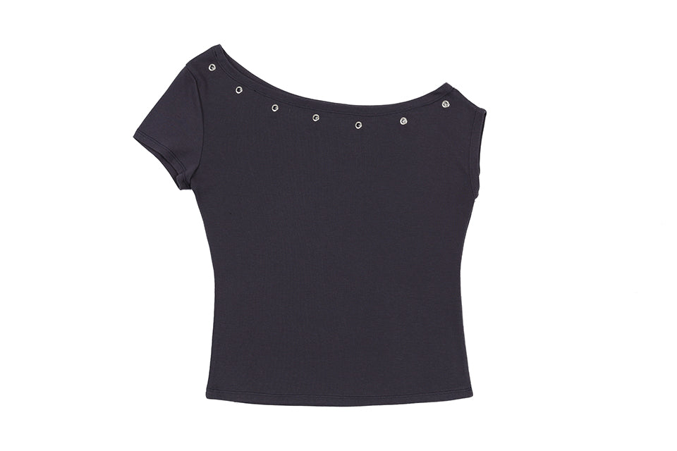 EYELET ONE SHOULDER T_NAVY