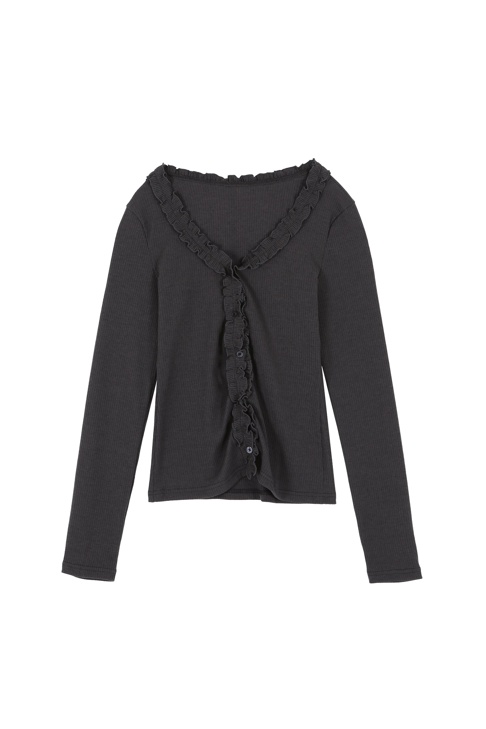 FRILL BUTTON CARDIGAN_CHARCOAL